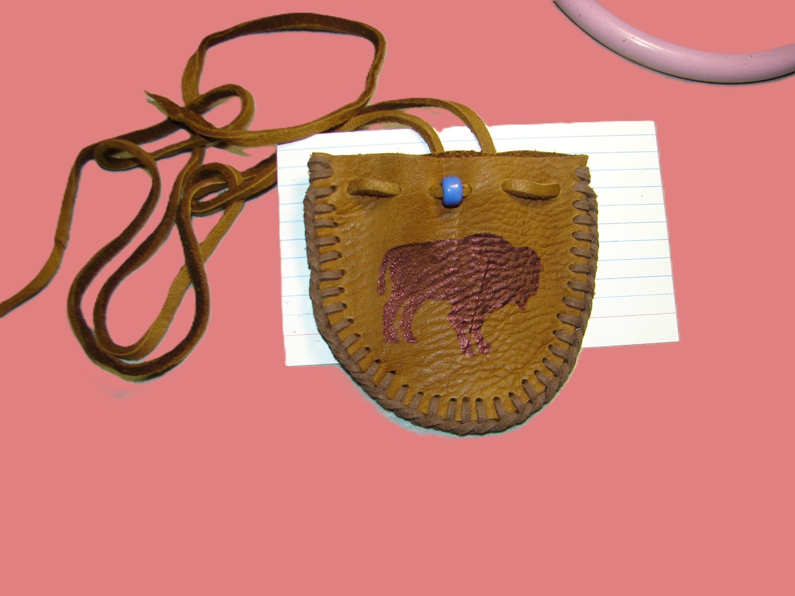 Native American Deerskin Leather Medicine Bag, Buffalo Graphic Tribal Pouch, 3"