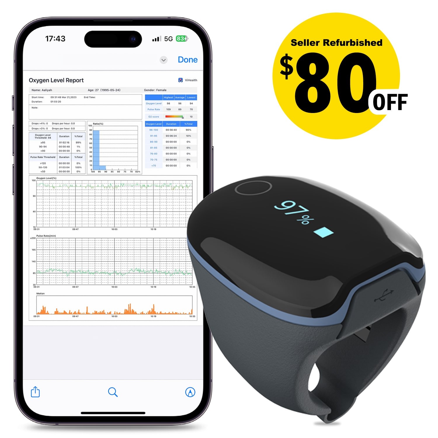 Wellue O2 Ring Pulse Oximeter O2Ring Oxygen Monitor with Free APP and PC Reports