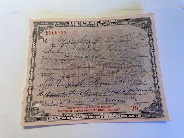 Early 1930's Prohibition Prescription for Medicinal Liquor - Quantity 1