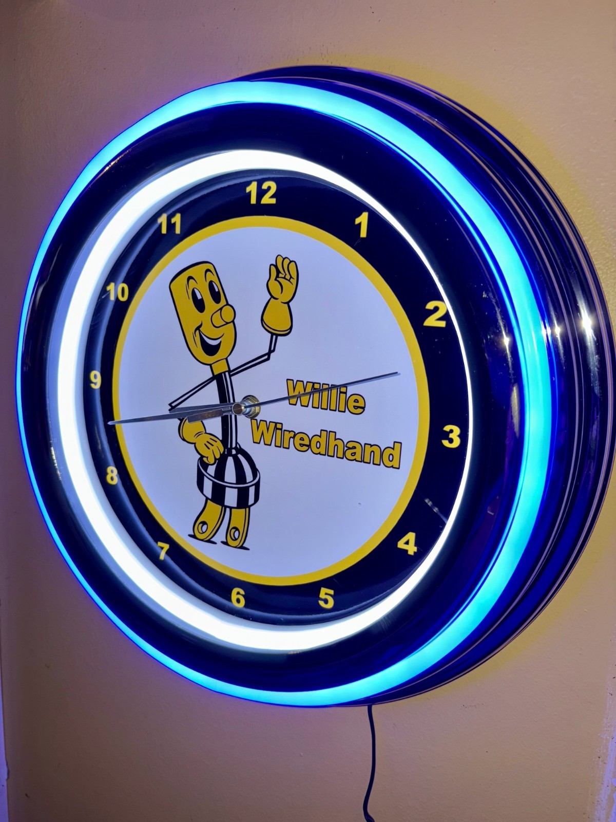Willie Wiredhand Sparky Electrician Electric Company Neon Style LED Clock Sign