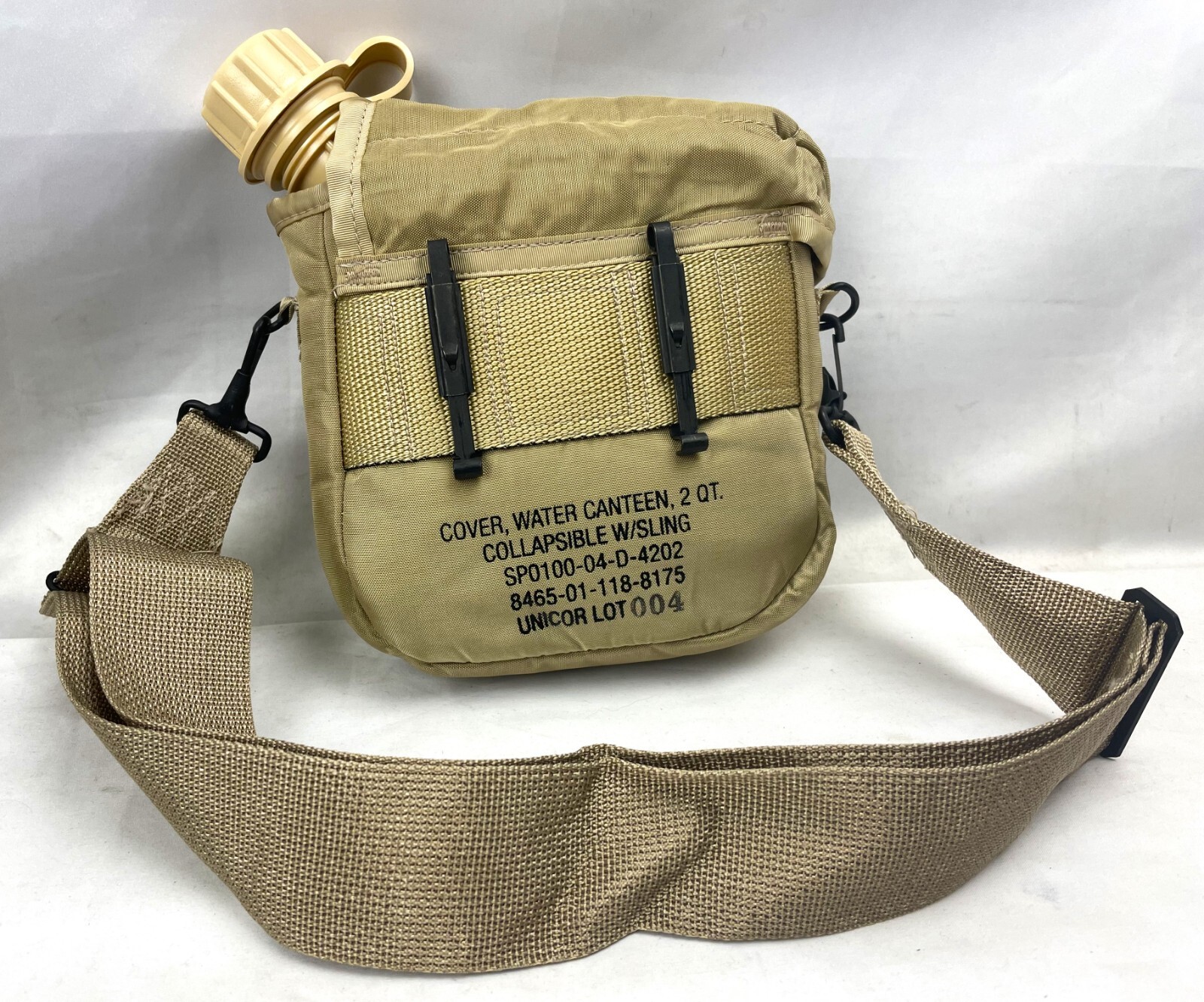 US Military 2 QT Collapsible Water Canteen & Cover Pouch Desert Tan w/ Strap NEW