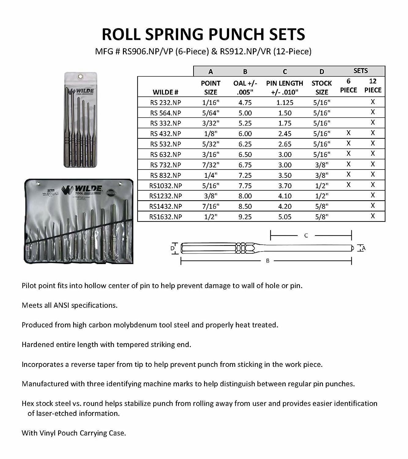 Wilde Tool USA Individual Roll Spring Pin Punches, Sizes 1/16-Inch - 1/2-Inch