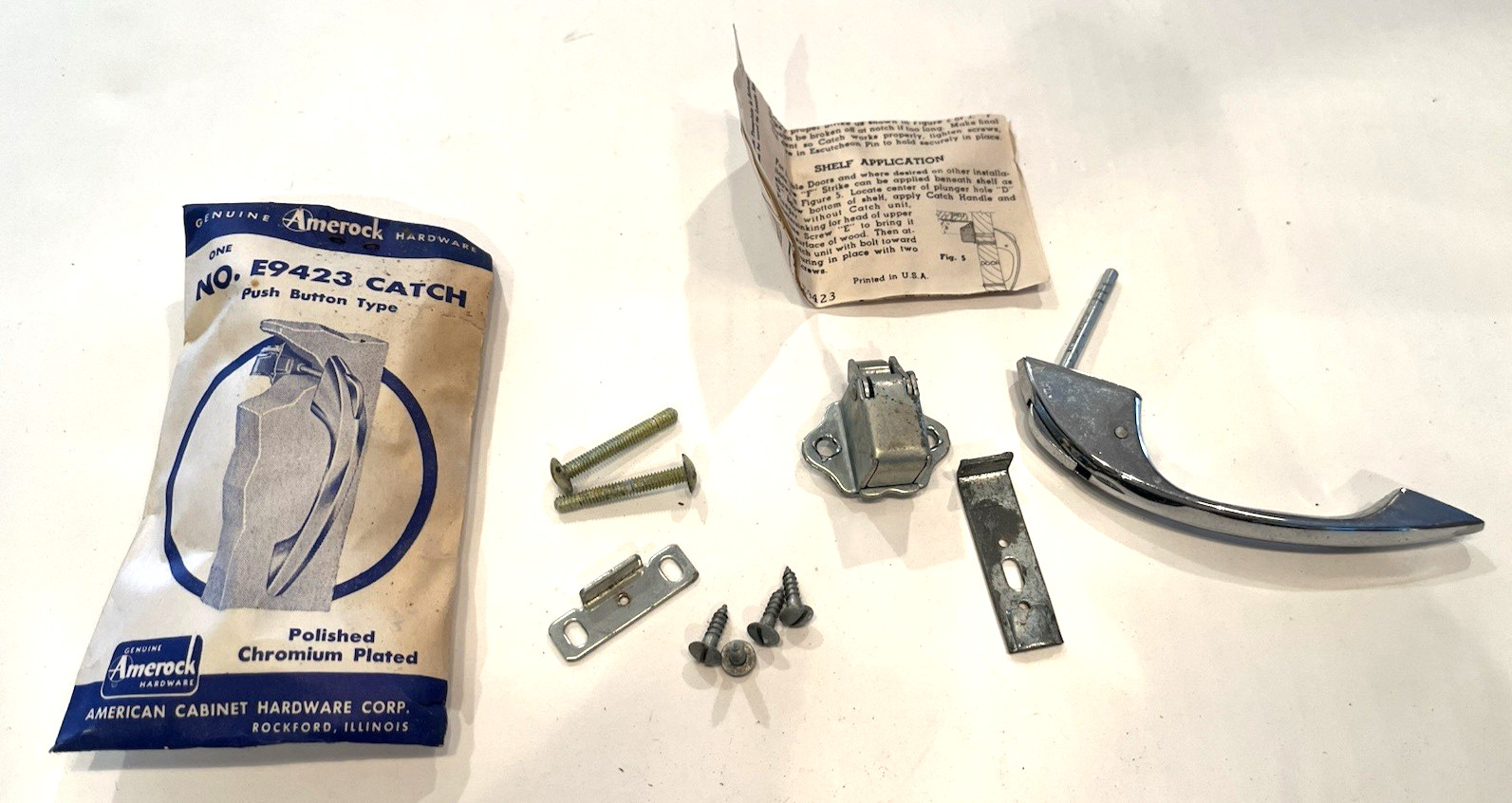 NOS Vtg Amerock Chrome Thumb Latch Push Button Cabinet Door Catch Handle 1960's