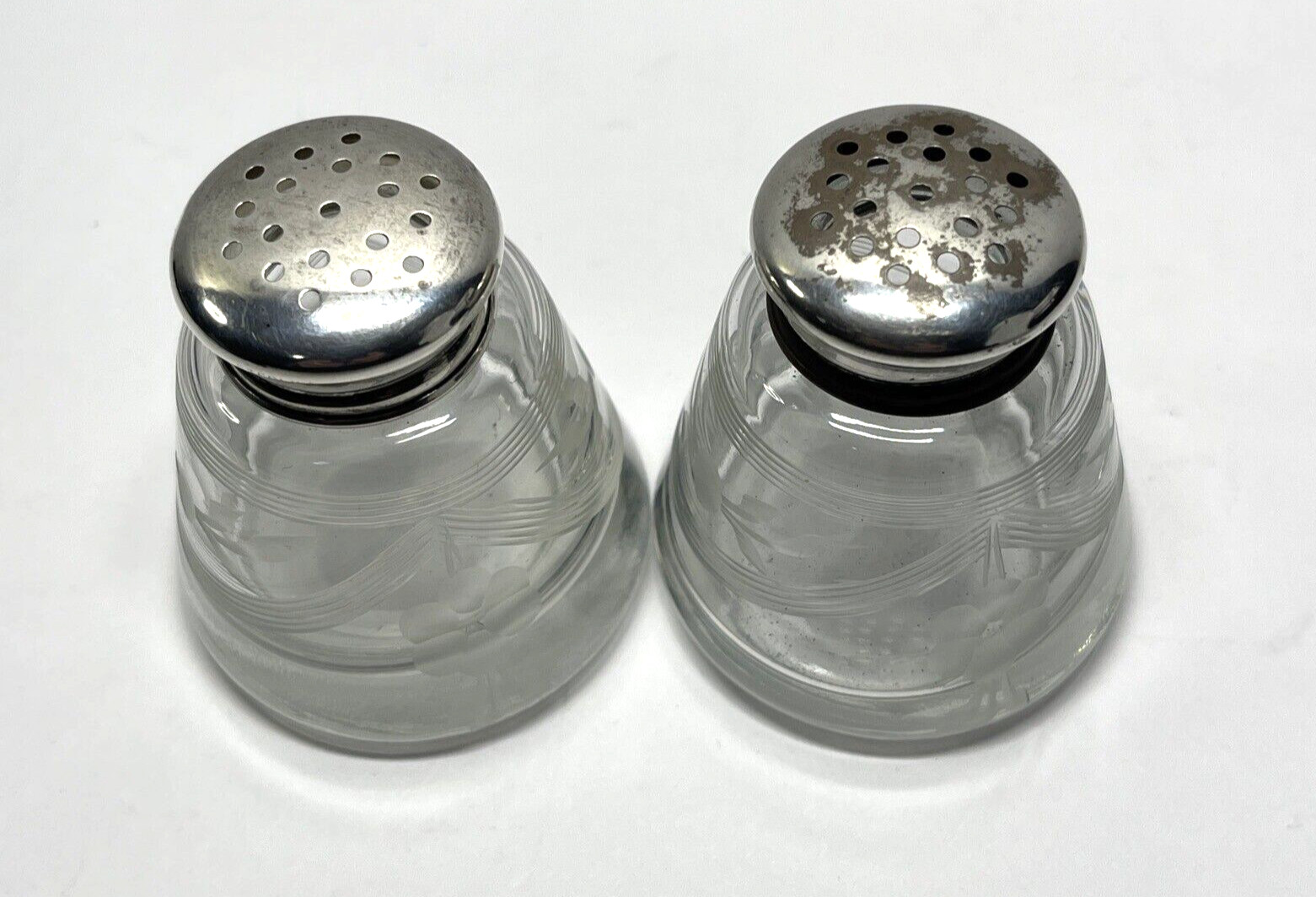 Etched Hand-Blown Glass Salt & Pepper Shaker Set Sterling Silver Tops - Vintage