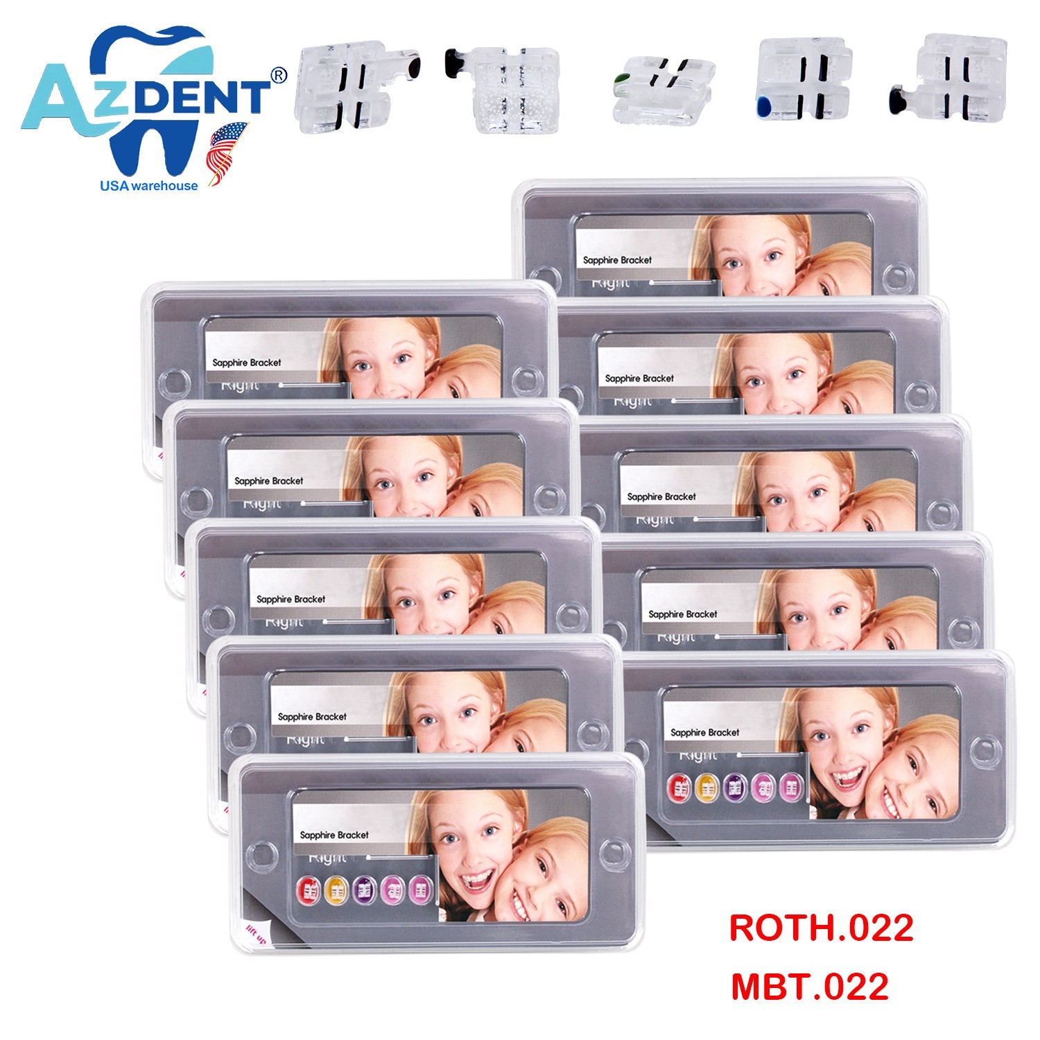 AZDENT Dental Orthodontic Sapphire Bracket Ceramic Braces Roth/MBT 022 Hooks 345