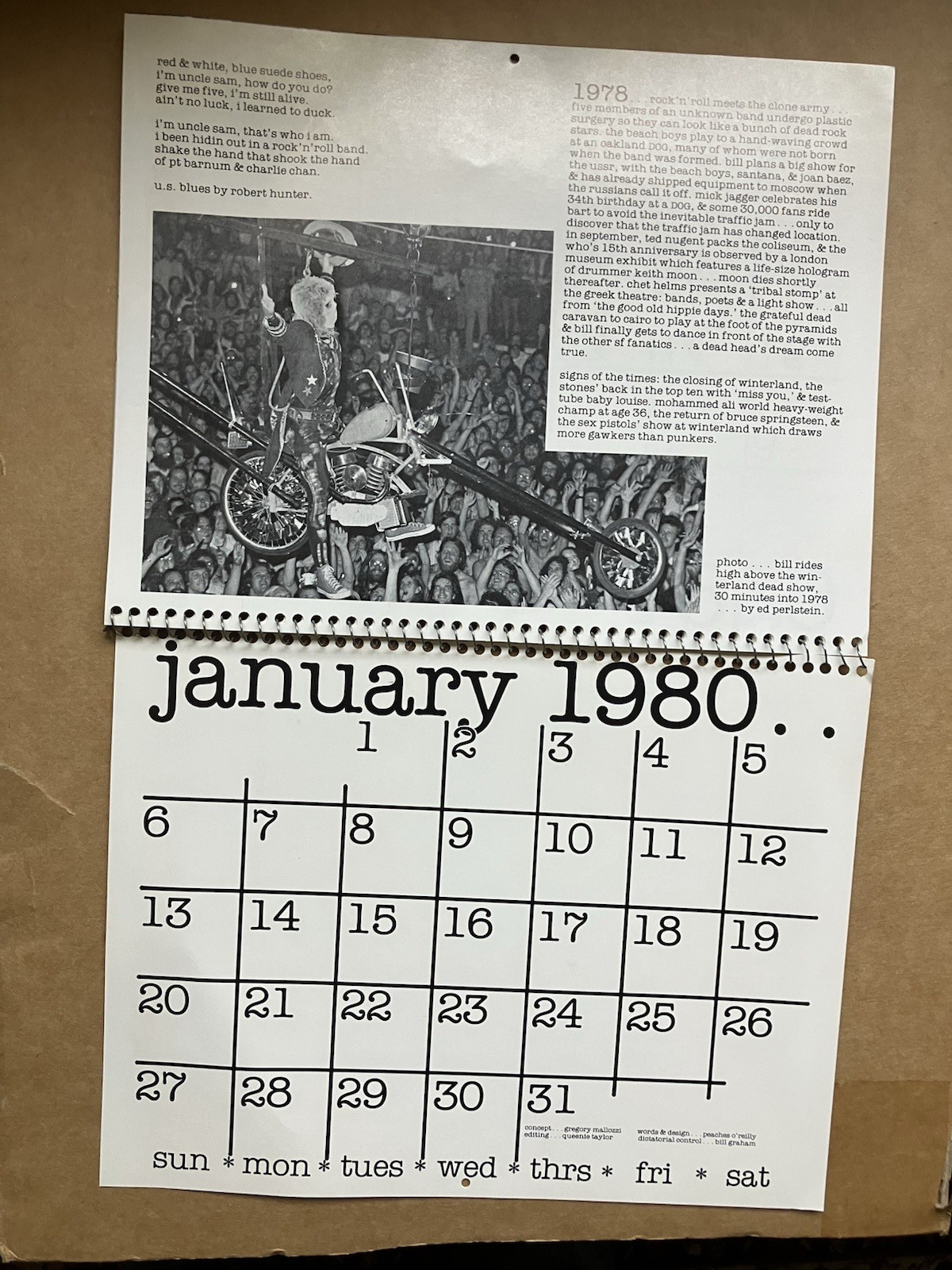 Vintage BILL GRAHAM Presents 1979 Calendar Rolling Stones Fillmore