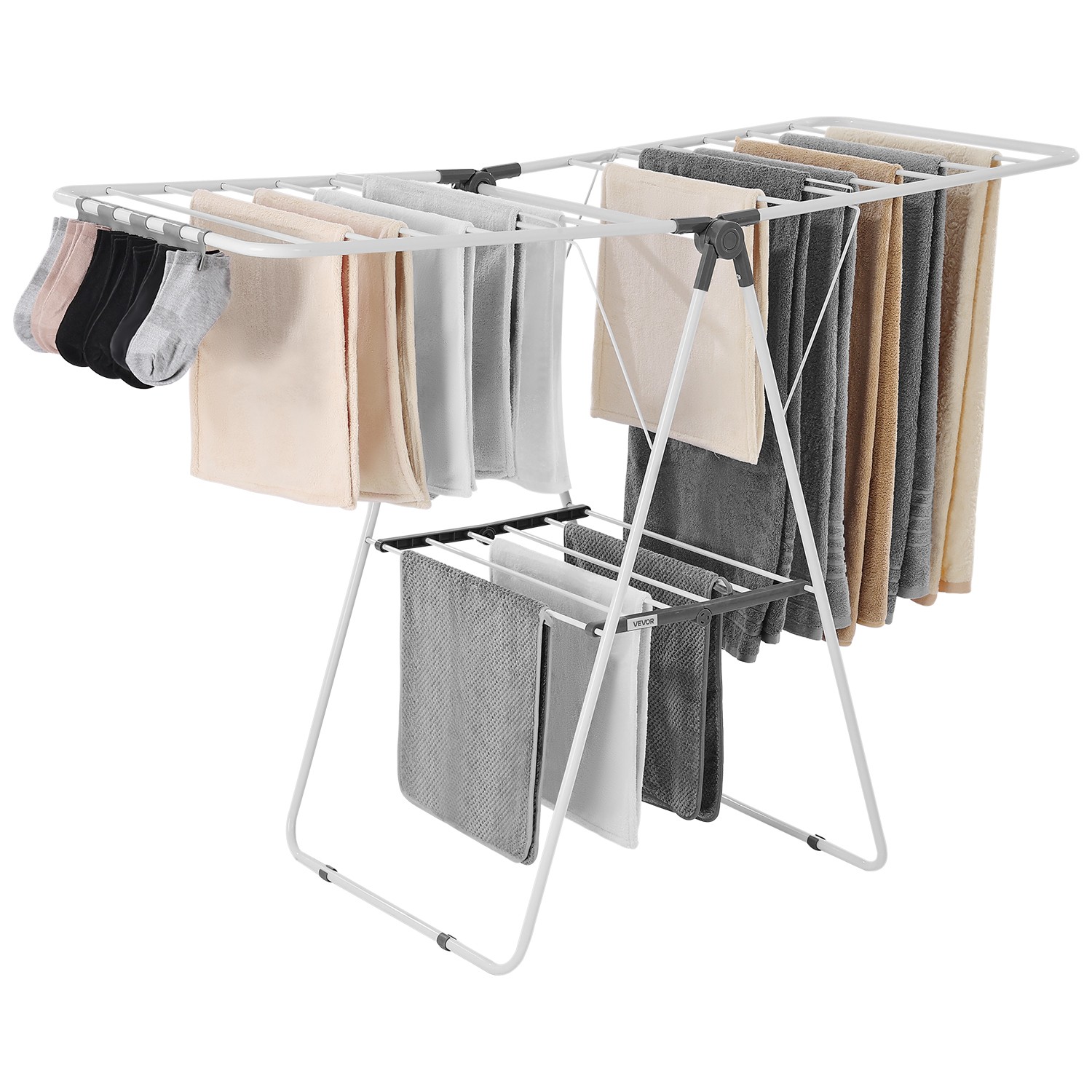 2-Tier Foldable Clothes Drying Rack with Sock Clips & 21 Drying Rods White