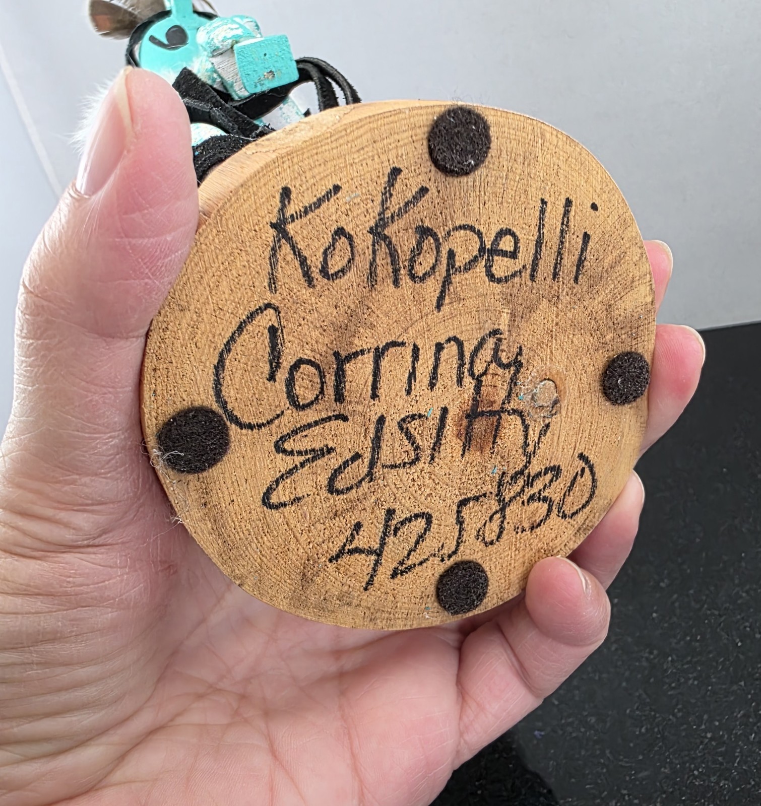 Vintage Kokopelli Kachina Doll Leather Wood Fur Feathers 11.5″ - Corrina Edsitty