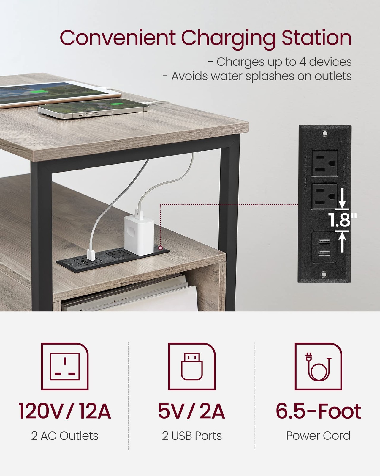 Slim Nightstand with Charging Station 2 Drawers for Small Spaces