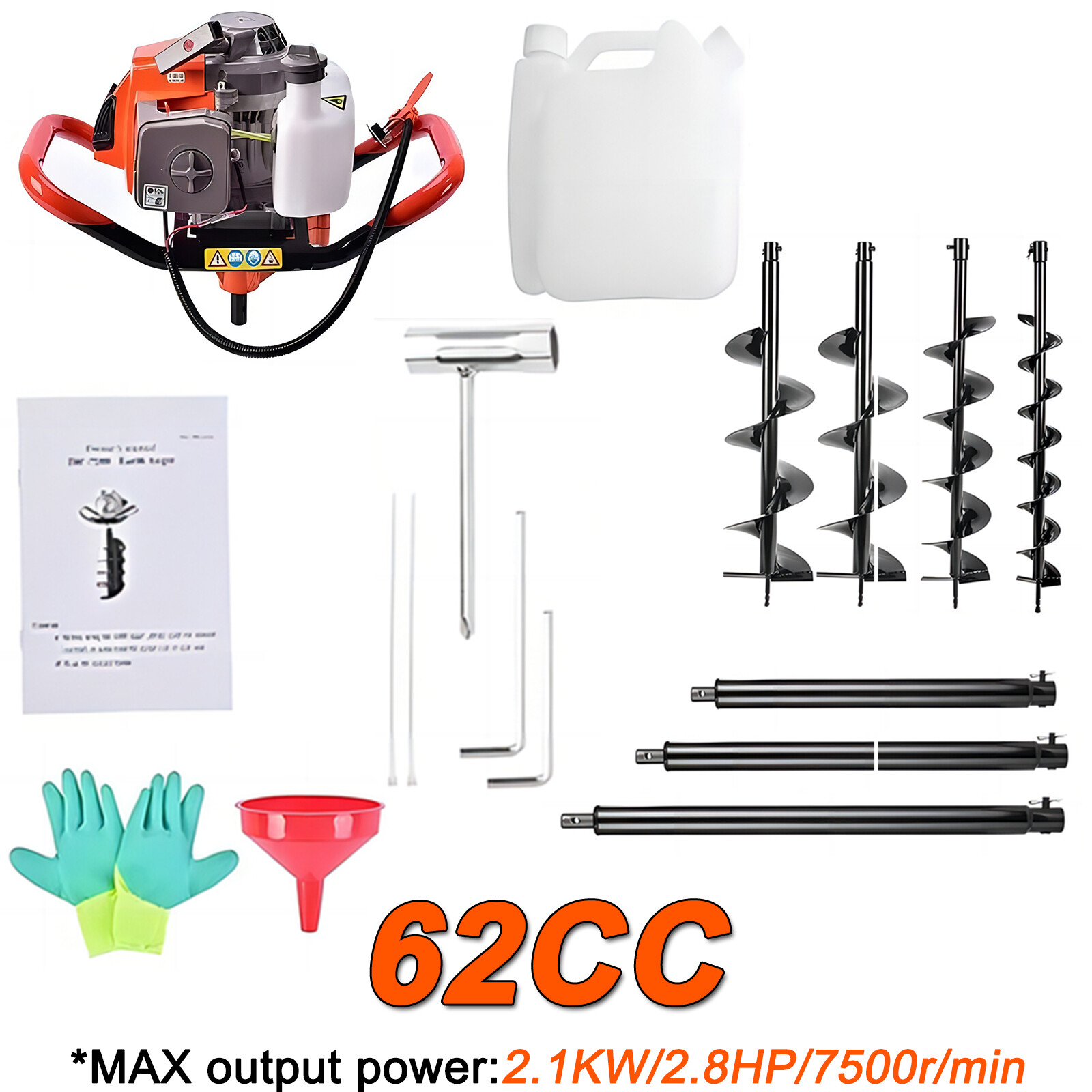 62CC 2-Cycle Gas Earth Auger | 4"6"8"12" Drill Bits & 3 Extension Rods