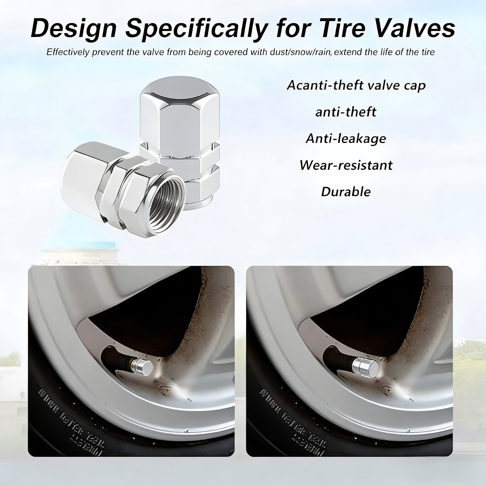 (4pc) Metal Tire/Wheel Air Pressure Stem Valve Caps for Car with sealing ring