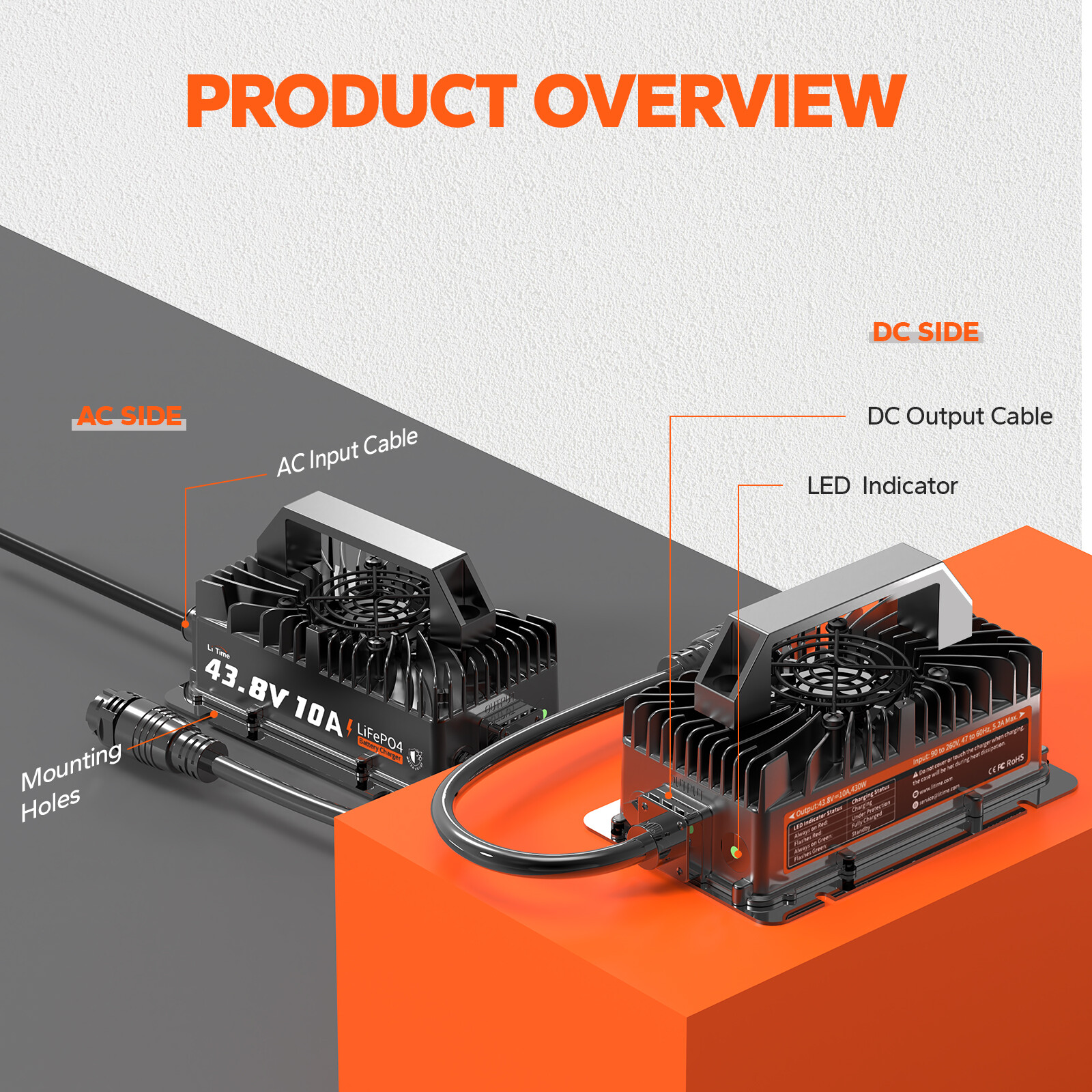 LiTime 36V 43.8V 10A AC-DC Smart Charger Waterproof for Lithium LiFePO4 Battery