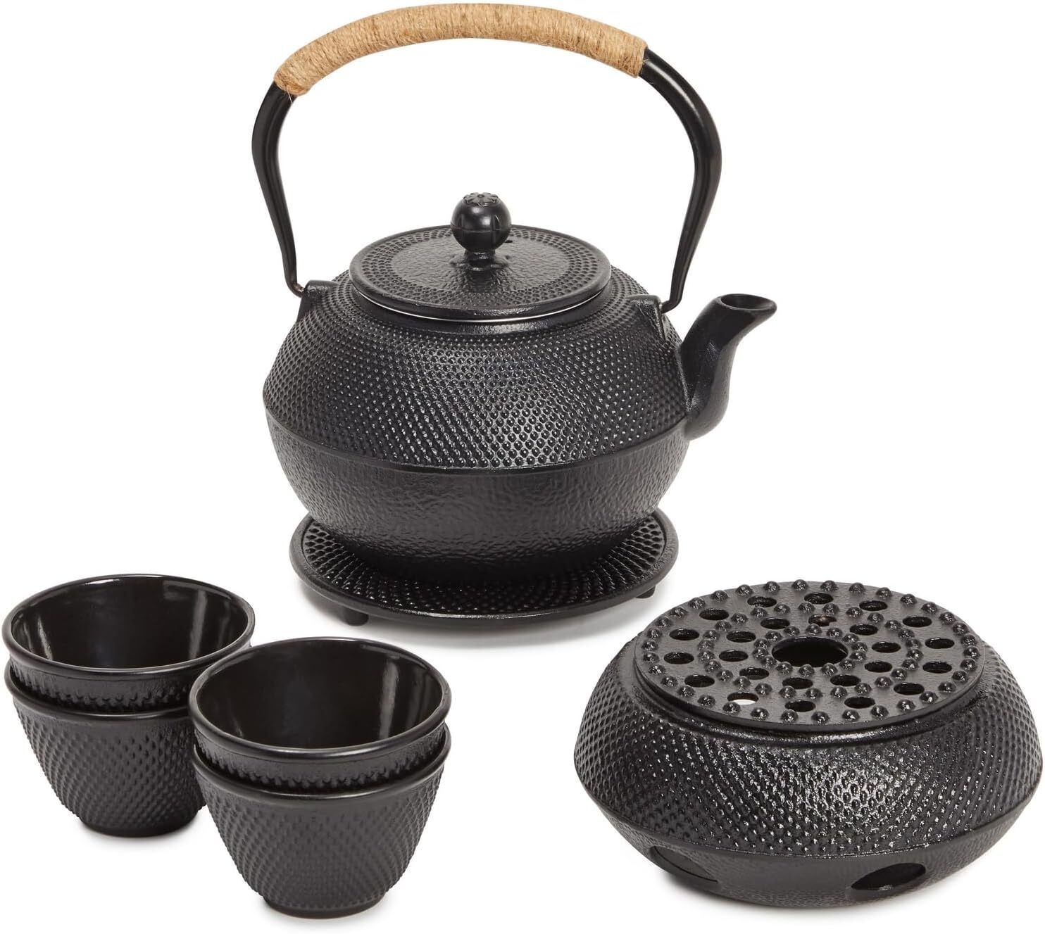 Cast Iron Teapot Set of 6 - Tea Set with Thermos, Gasket, Infuser and 4 Teacups