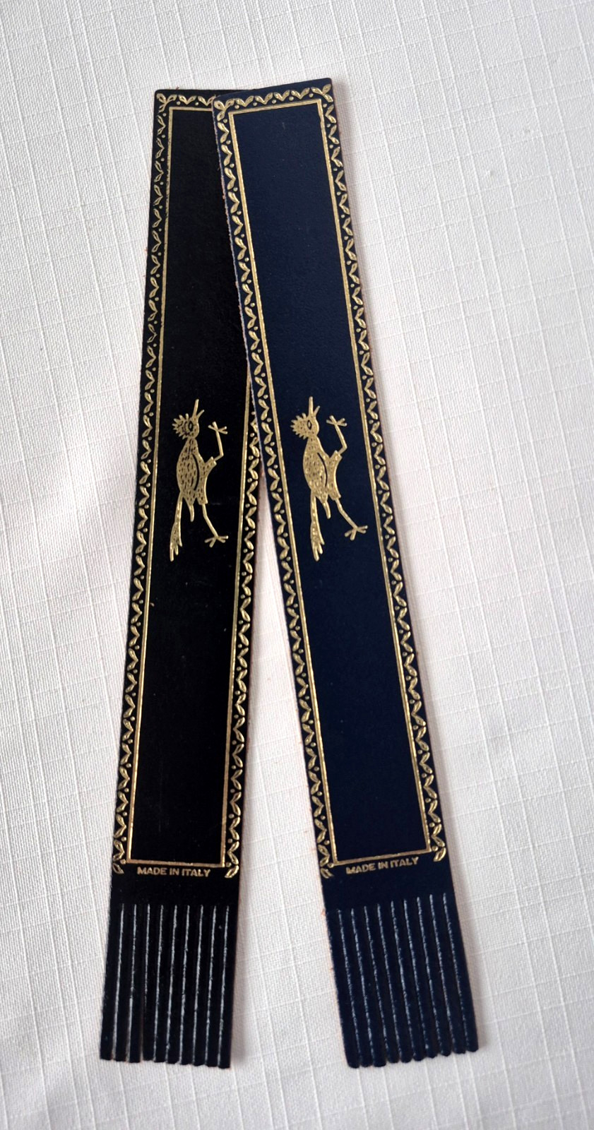 Set of 2 Black & Blue Leather Bookmarks Gold Gilded  with Roadrunner, Italy, NEW