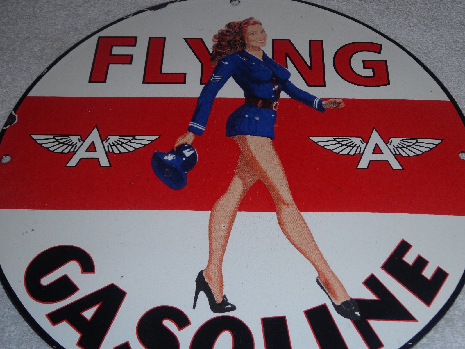 VINTAGE FLYING A AIRPLANE STEWARDESS WOMAN 11 3/4" PORCELAIN METAL GASOLINE SIGN