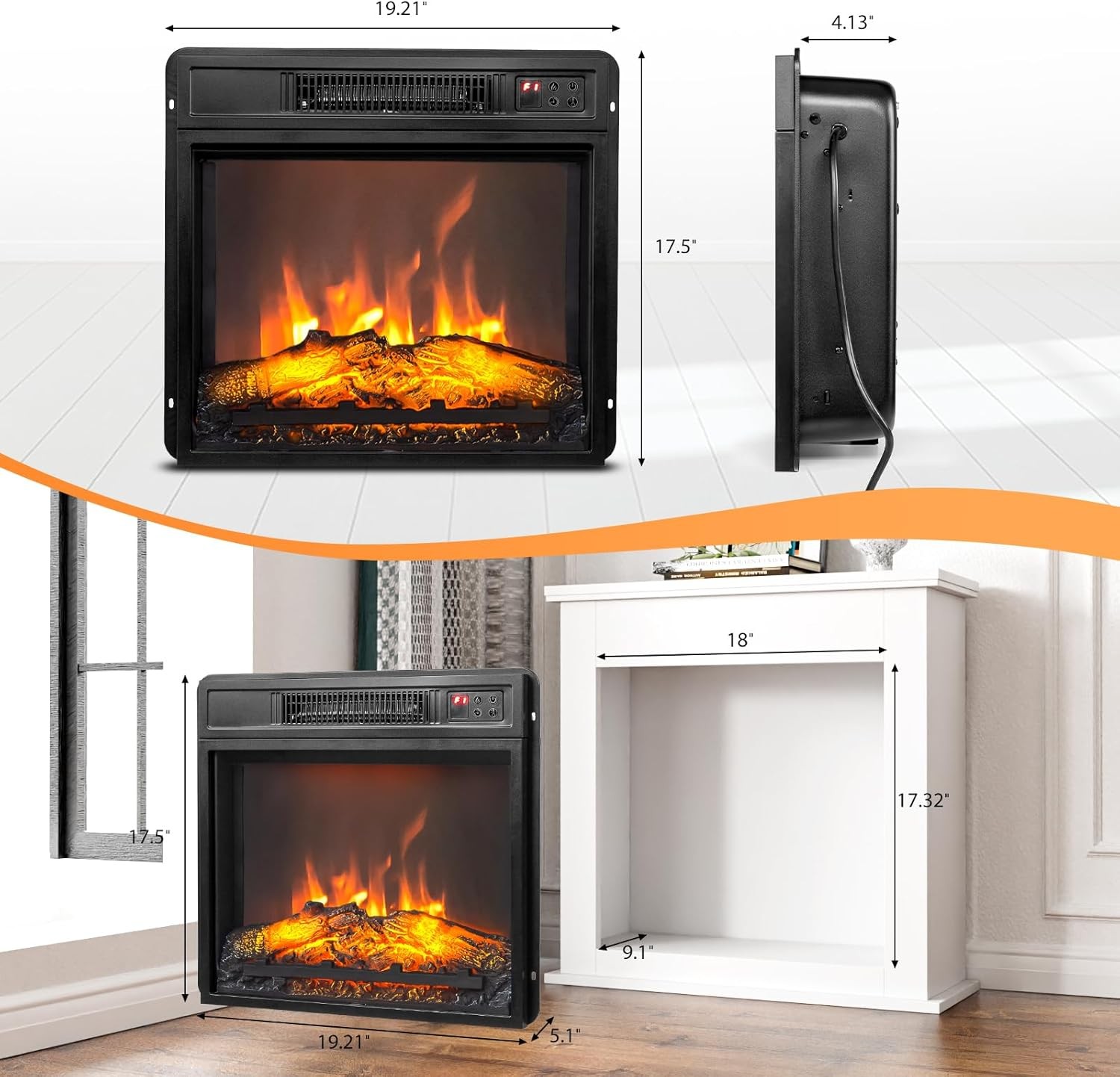 18" Electric Fireplace Insert Heater w/Remote, APP, 6 Color Adjustable Flames
