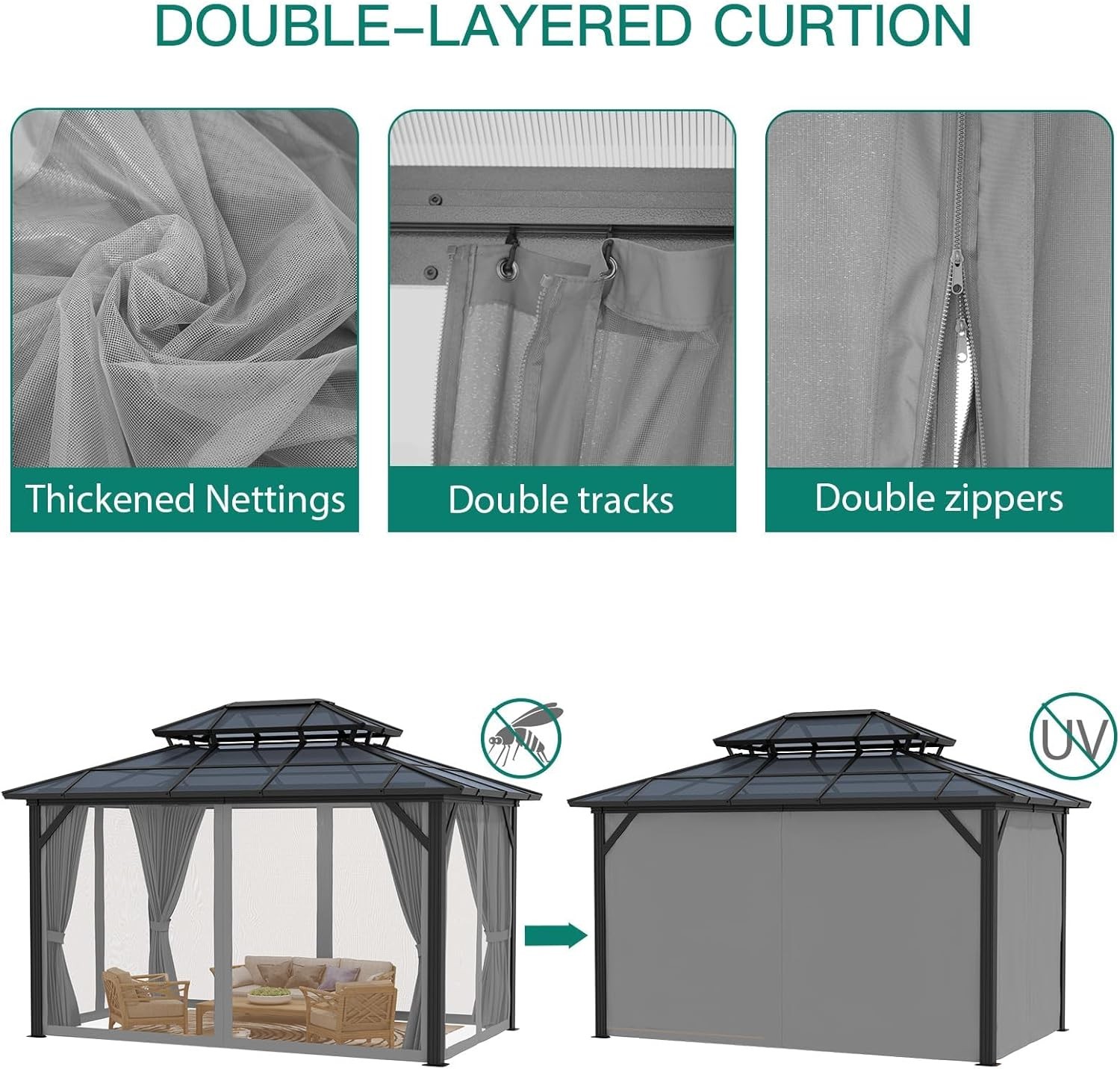 10x13 ft Outdoor Hardtop Gazebo Aluminum Frame Net Curtains Deck Lawn