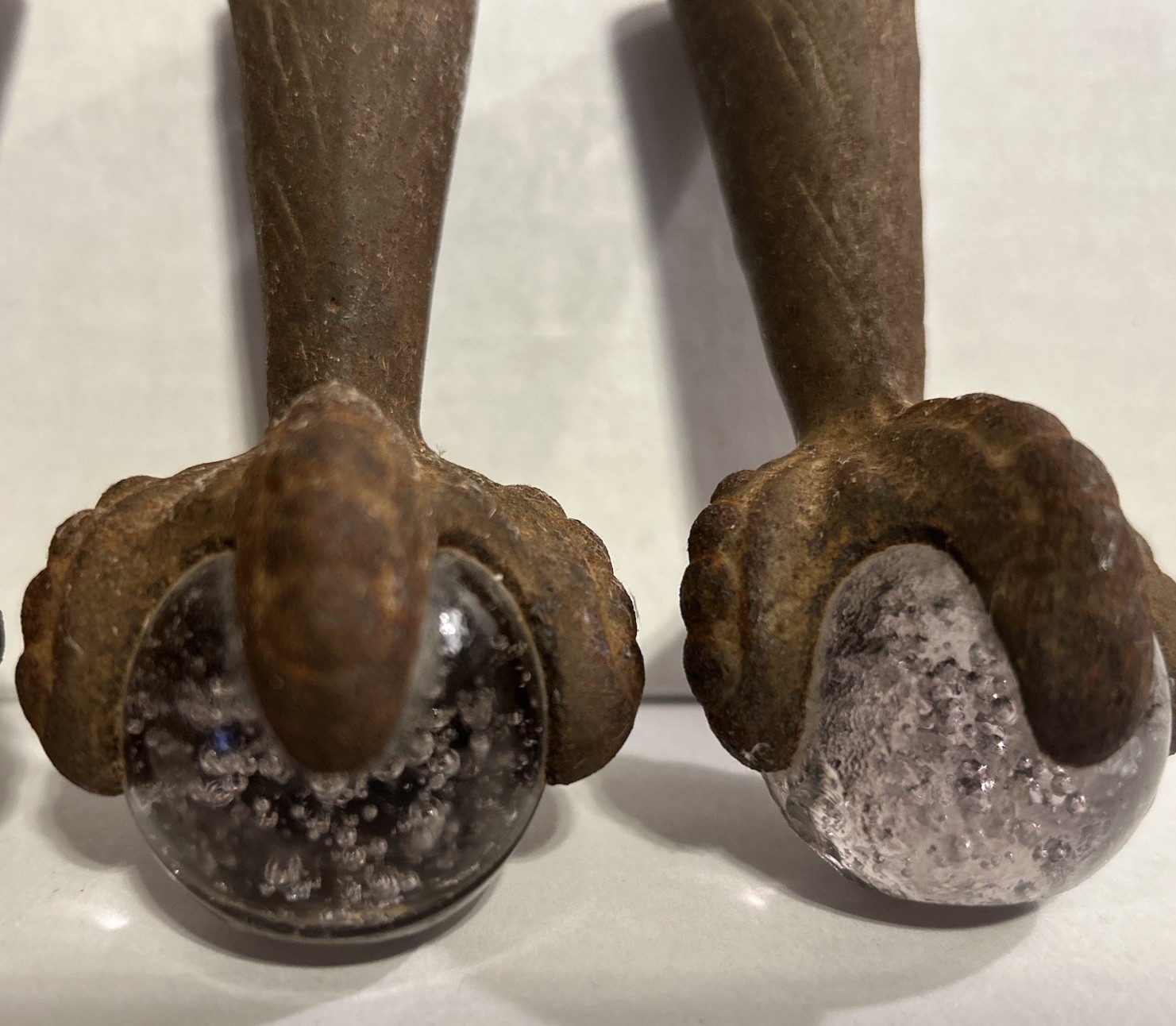 Set of 4 Vintage Art Deco Cast Iron Glass Claws and Ball Furniture Feet Casters