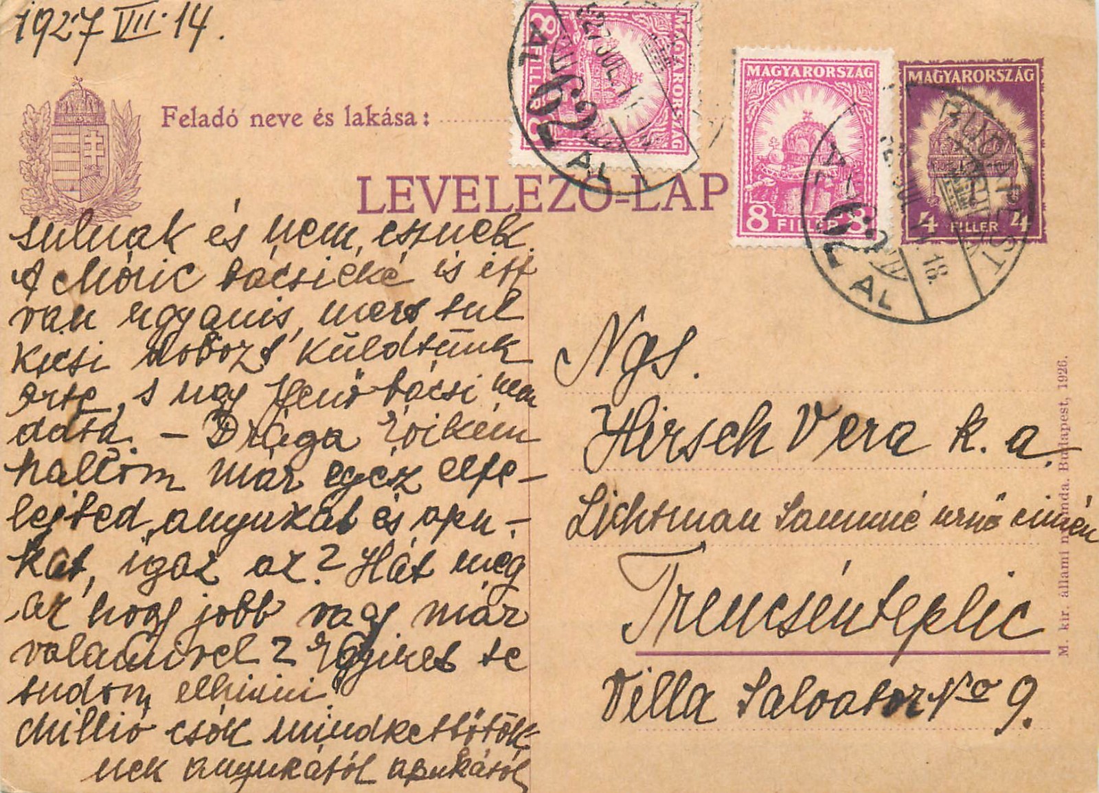 E0054 Hungarian postal stationery card Budapest to Trenčianske Teplice 1927