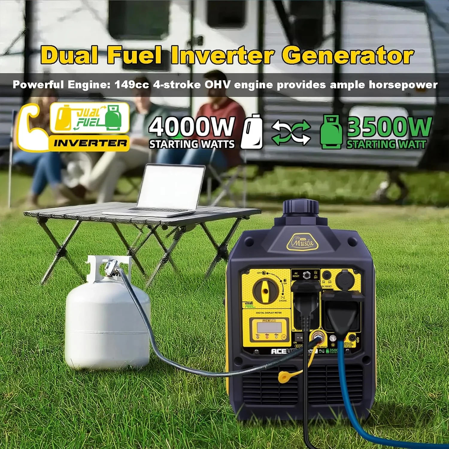 Aceup Energy 4000 Watt Dual Fuel Inverter Generator Portable Quiet, Gas, Propane