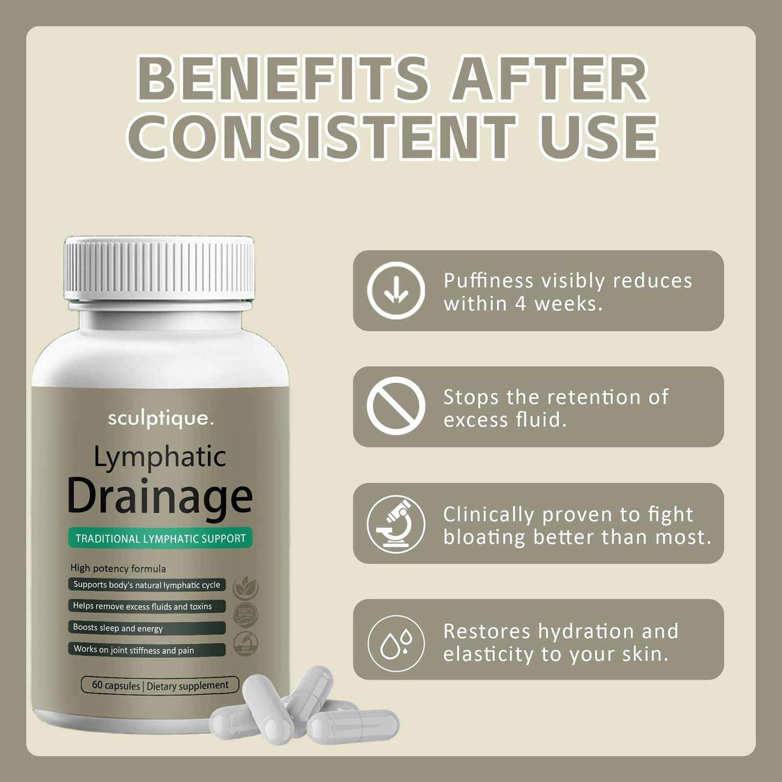 Sculptique Lymphatic Drainage Capsules- Supports Cellulite Reduction, 60 Capsule