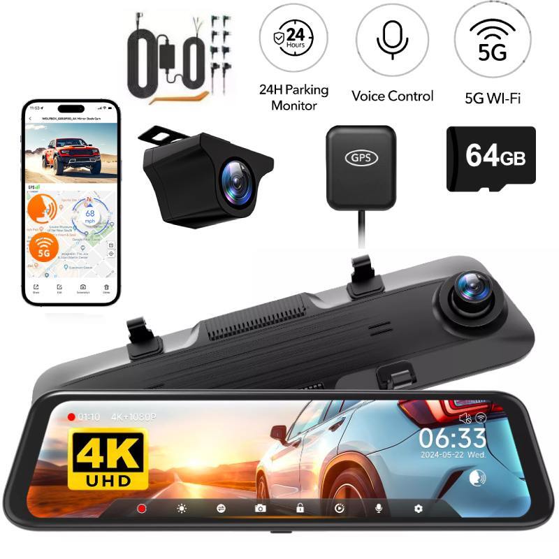 WOLFBOX 4K 12" Mirror Dash Cam Front and Rear 5G WiFi Parking Monitoring