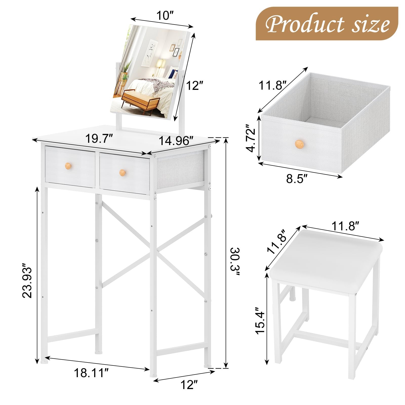 Small Makeup Vanity Desk with Mirror & Chair, Table Set W/ Fabric Storage Drawer