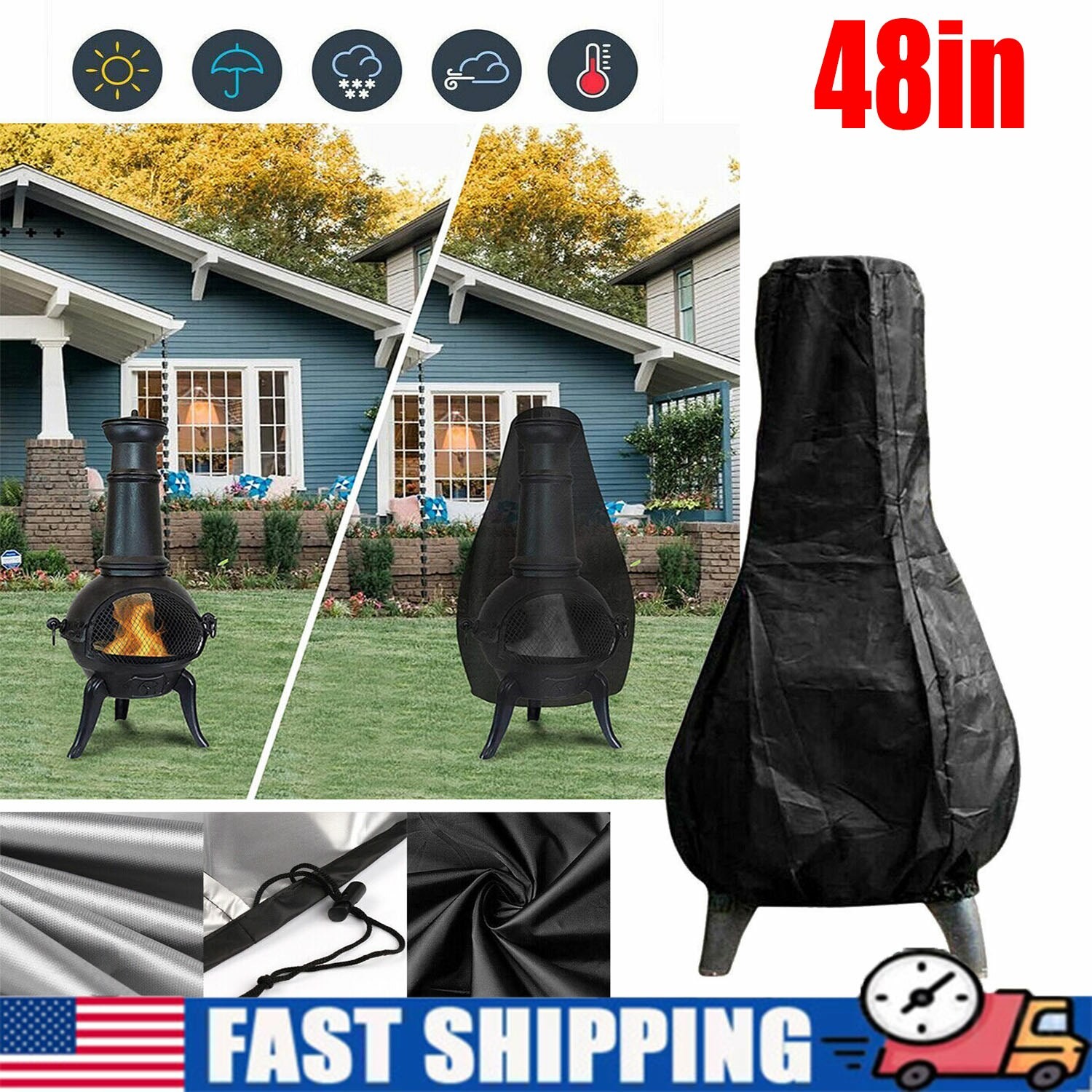 48inch Outdoor Patio Chiminea Cover Waterproof Protective Chimney Fire Pit Heate