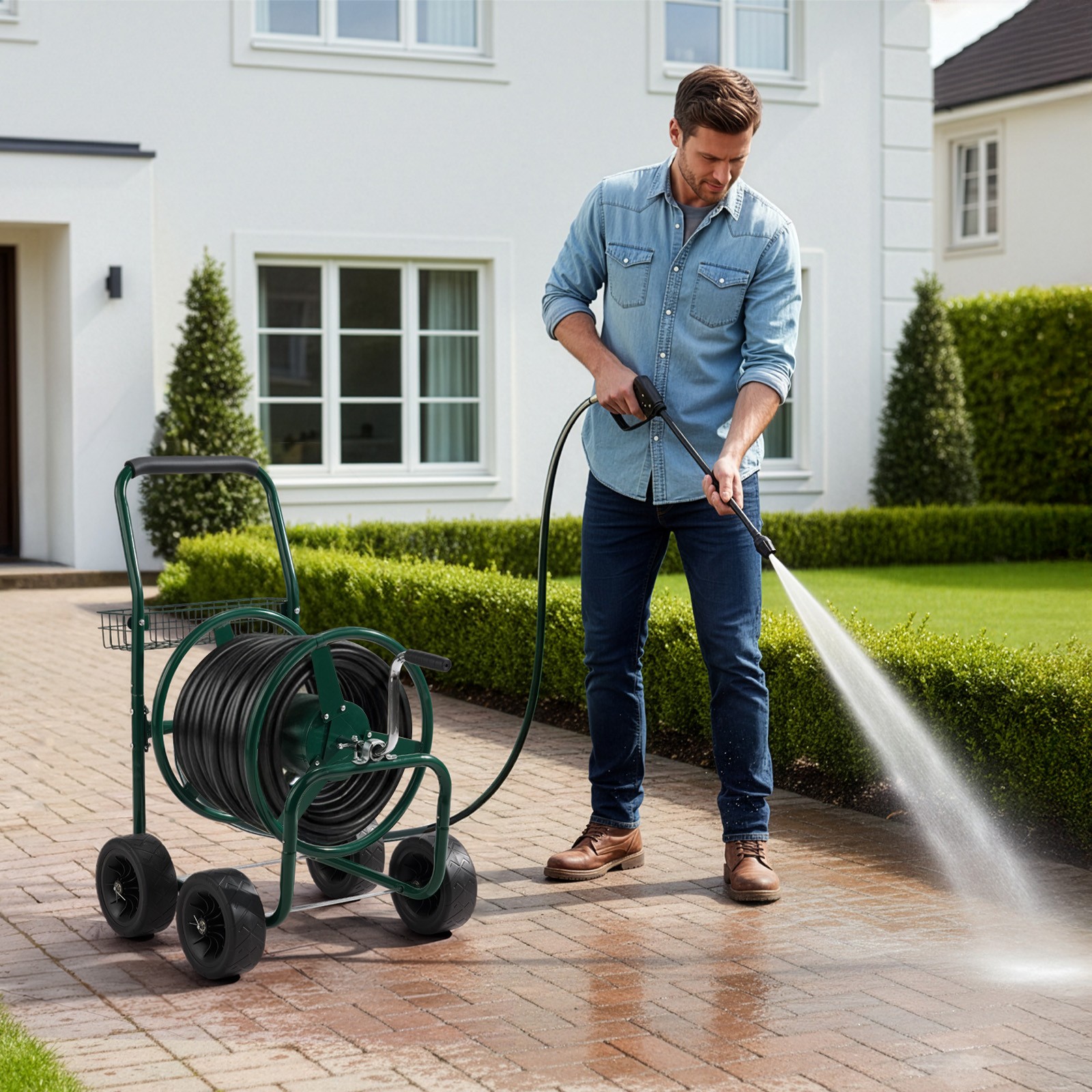 Hose Reel Cart with Storage Basket Green Holds 250 ft Hose