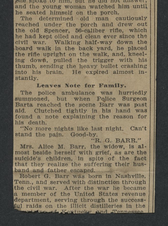 0227----1906 Robert G. Barr - Civil War Vet 21st Kentucky Inf suicide in Denver