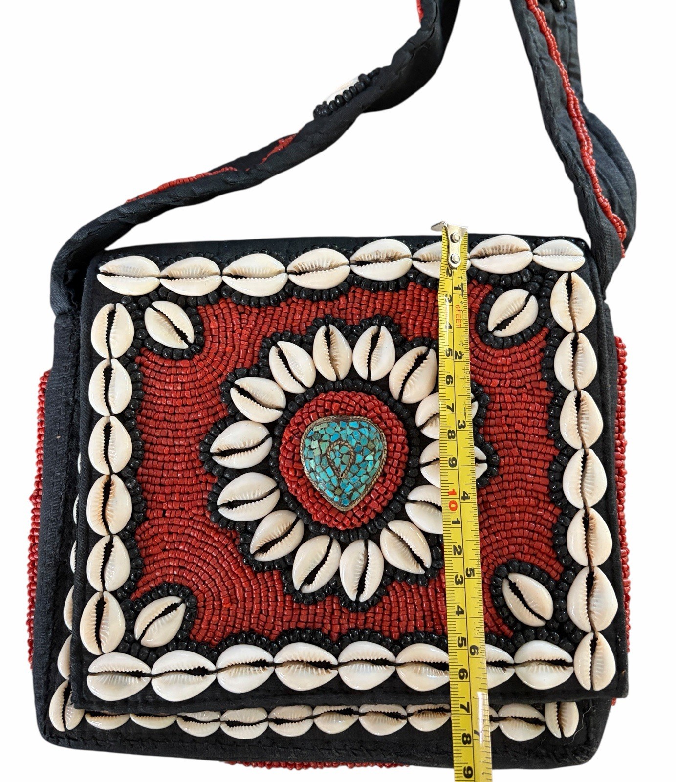 Tibetan Style Hand Beaded Seashell Coral Cross Body Bag Vintage VTG