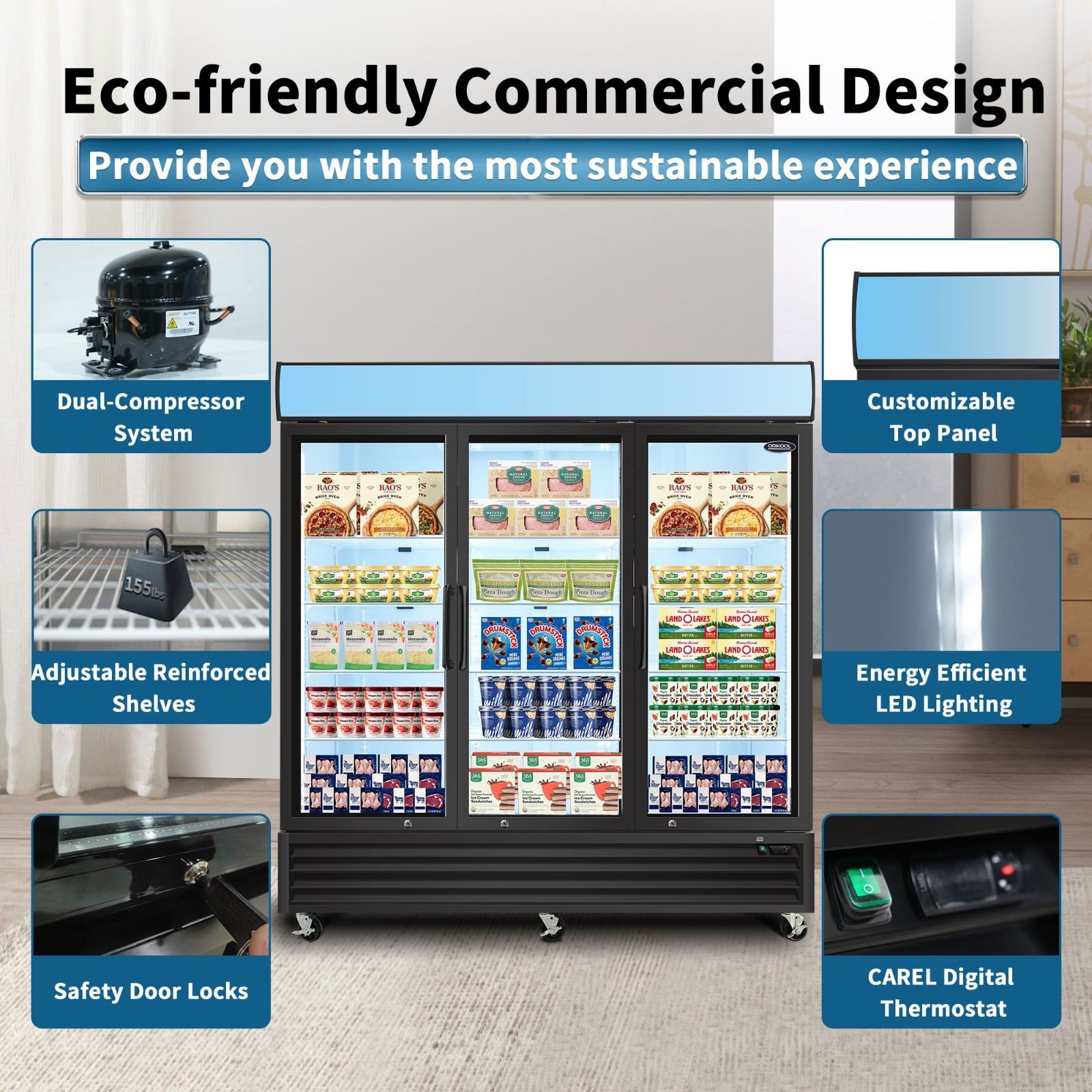 Commercial Glass Door Freezer Reach in Display Merchandiser 3 Section Restaurant