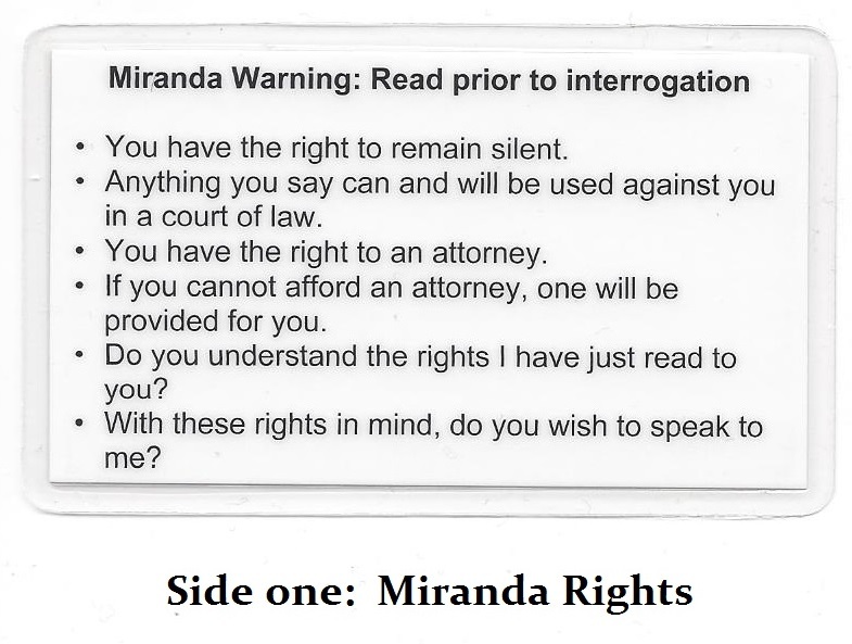 Miranda Warning (Rights) & Phonetic Alphabet Card / Military / Sheriff / Police