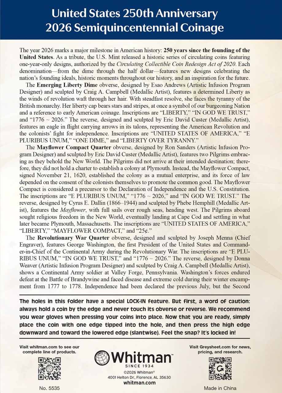 Official Whitman® Coin Folder-United States 250th Anniversary: 2026 Single Mint