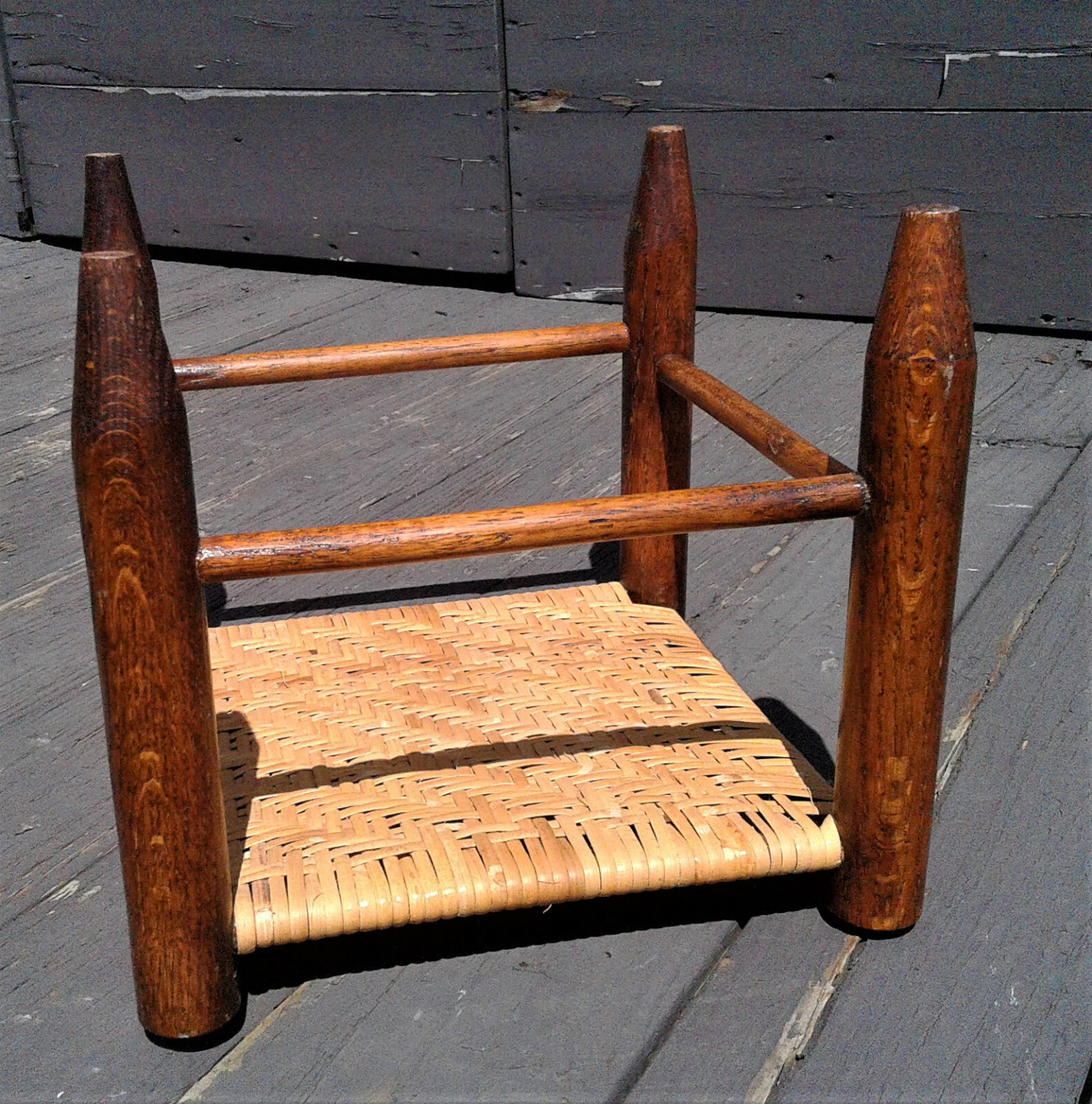 Antique Oak Foot Stool with Hand Woven Seat 1900s Era