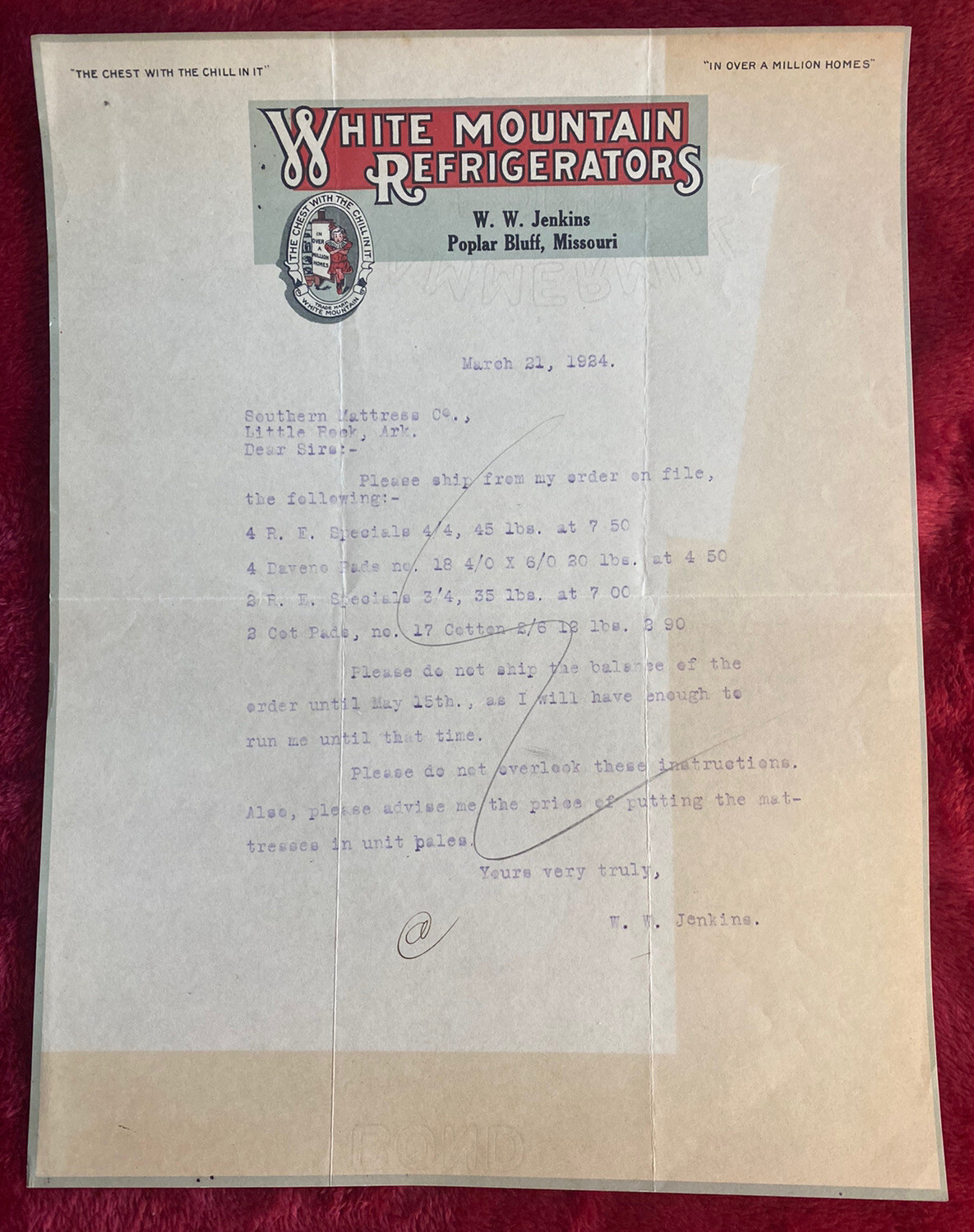 Vintage 1923 White Mountain Refrigerators Poplar Bluff Missouri Letterhead Paper