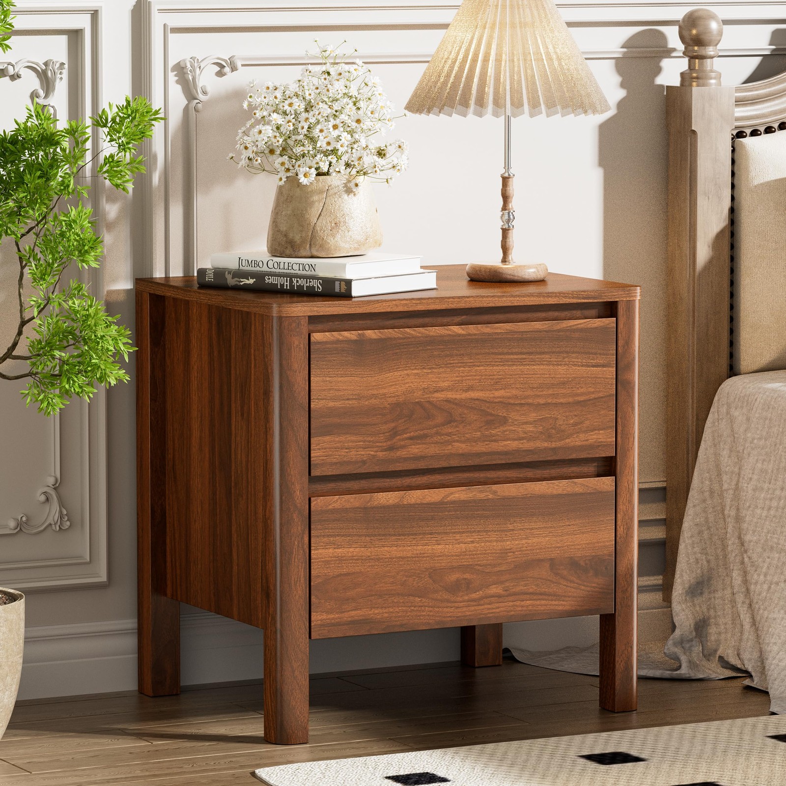 Mid Century Walnut Nightstand with 2 Drawers Modern Wooden Bedside Table