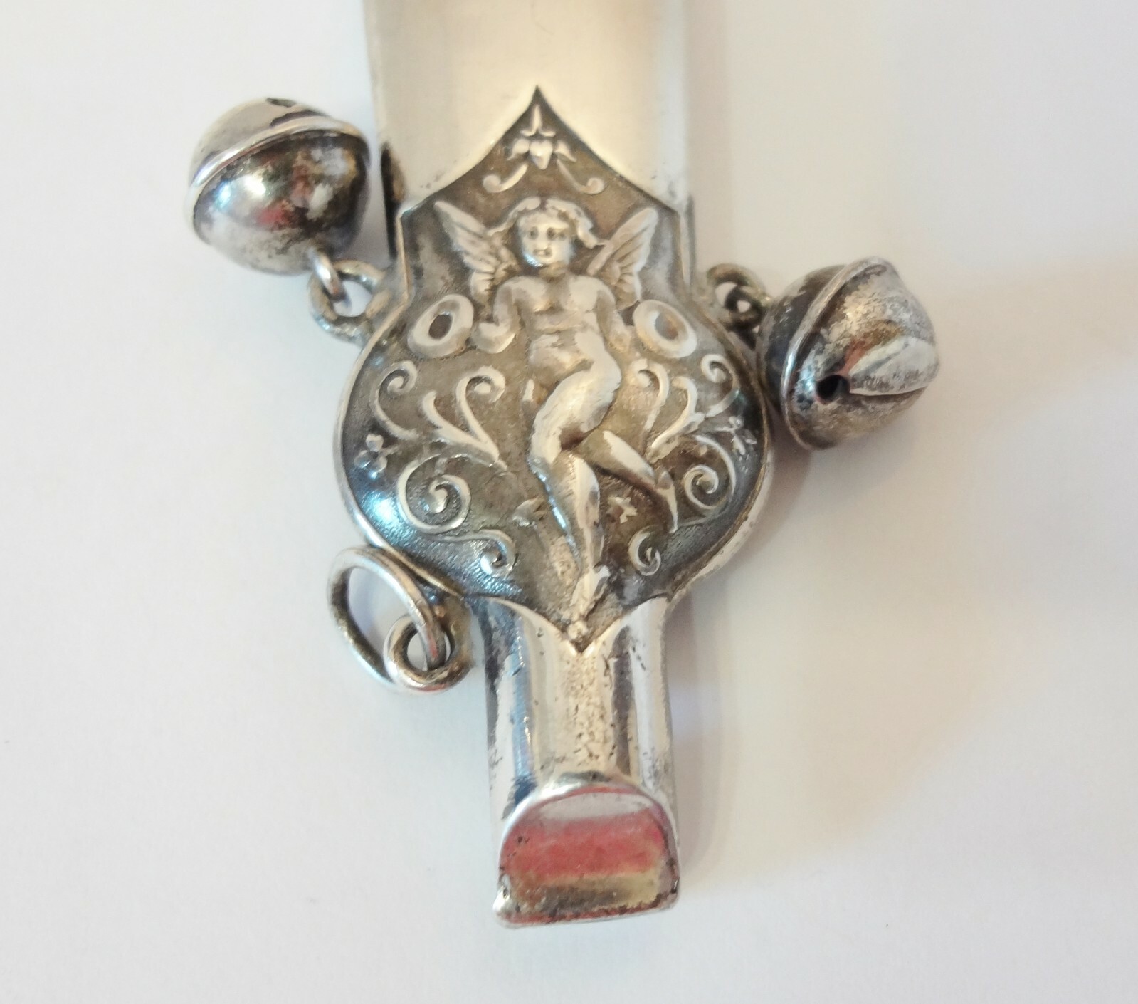 Antique Sterling Silver Baby Rattle Whistle w/ Bells Repousse Cherubs