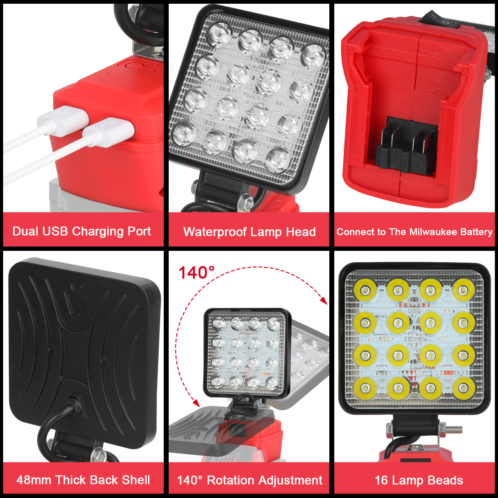 2 Pack 60W LED Work Light for Milwaukee 18V M-18 Battery with USB Output