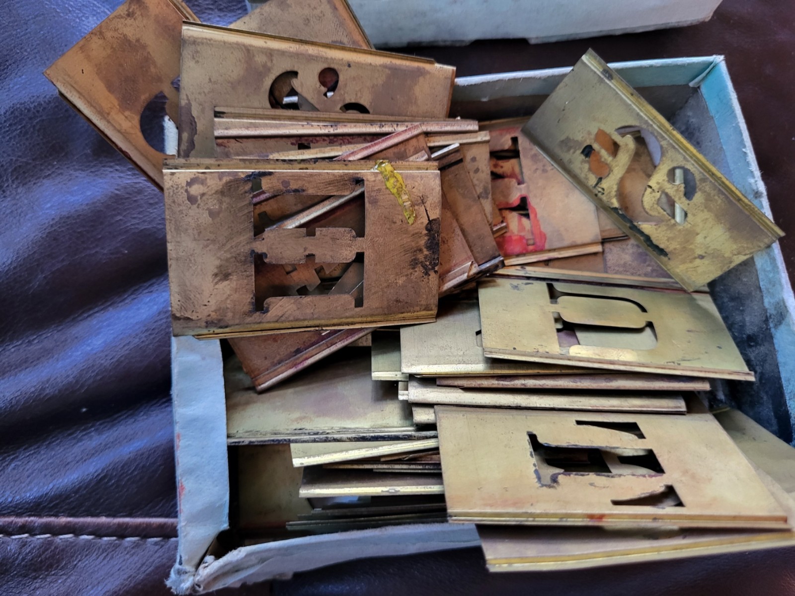 Box Full Of Vintage Reese's Interlocking Adjustable Brass Stencils