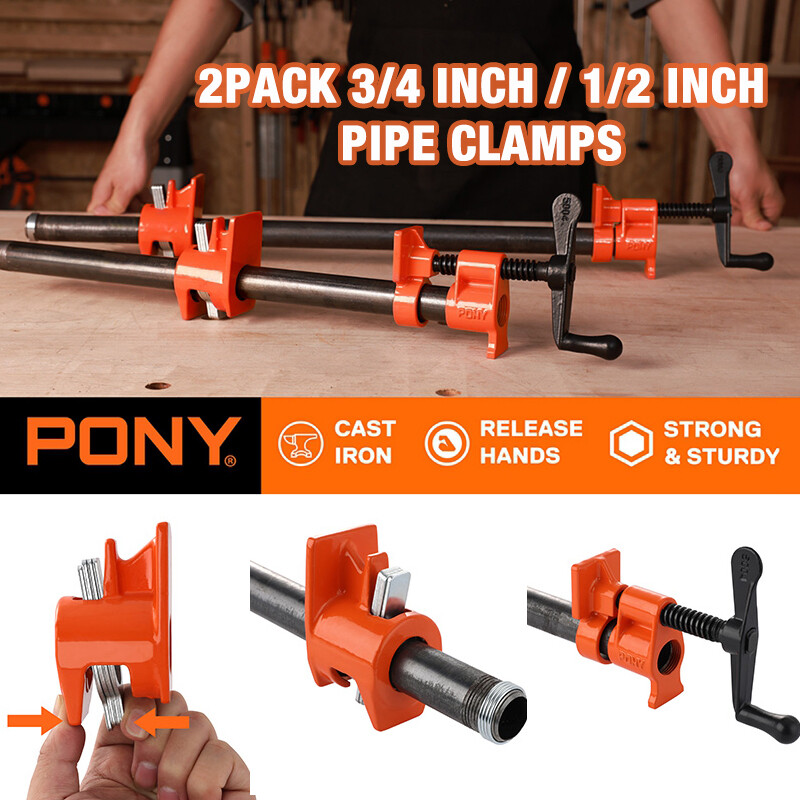 PONY 2-Pack 1/2" / 3/4" Pipe Clamps 52 Wood Gluing Pipe Clamp Fixture Black Pipe
