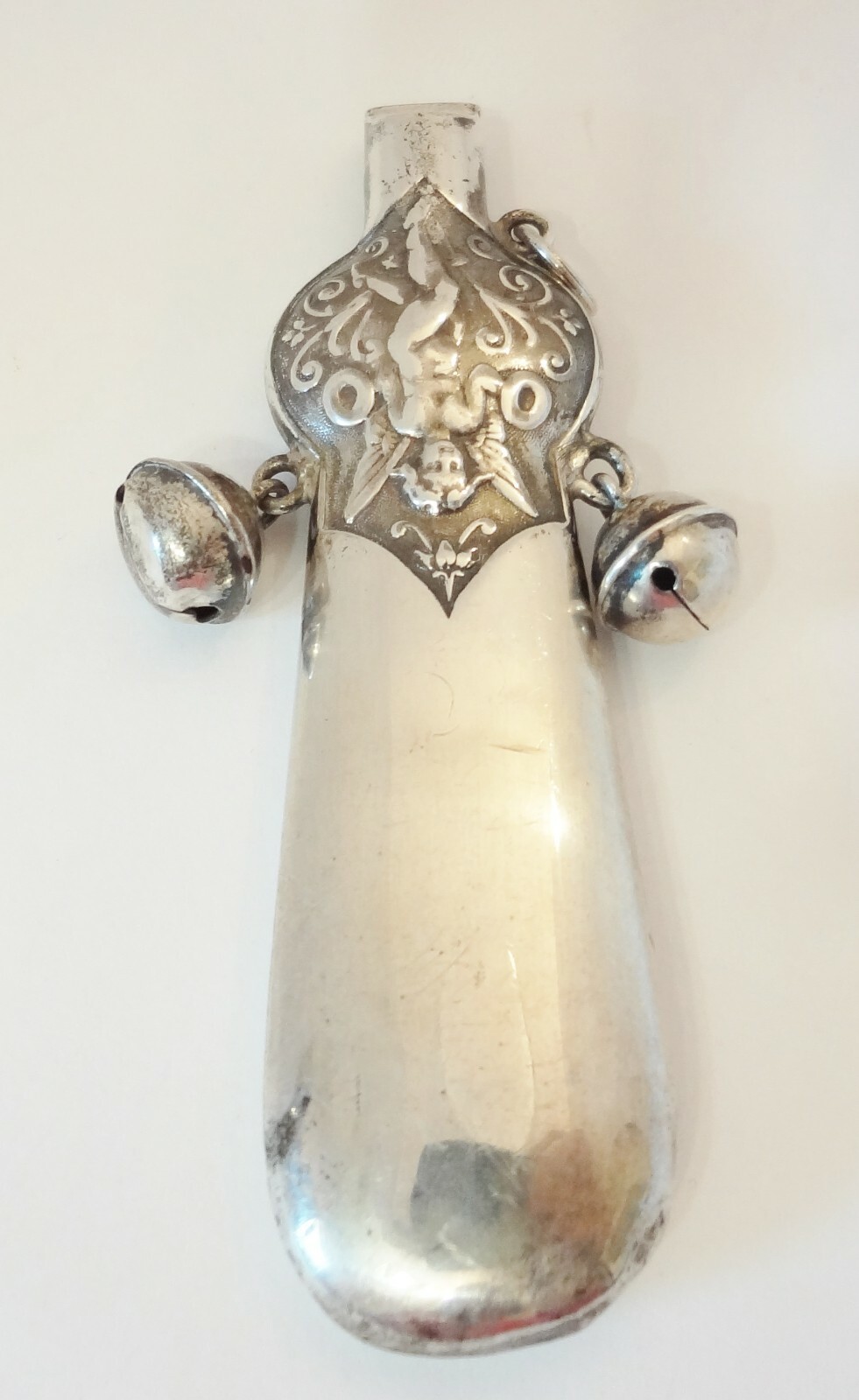 Antique Sterling Silver Baby Rattle Whistle w/ Bells Repousse Cherubs