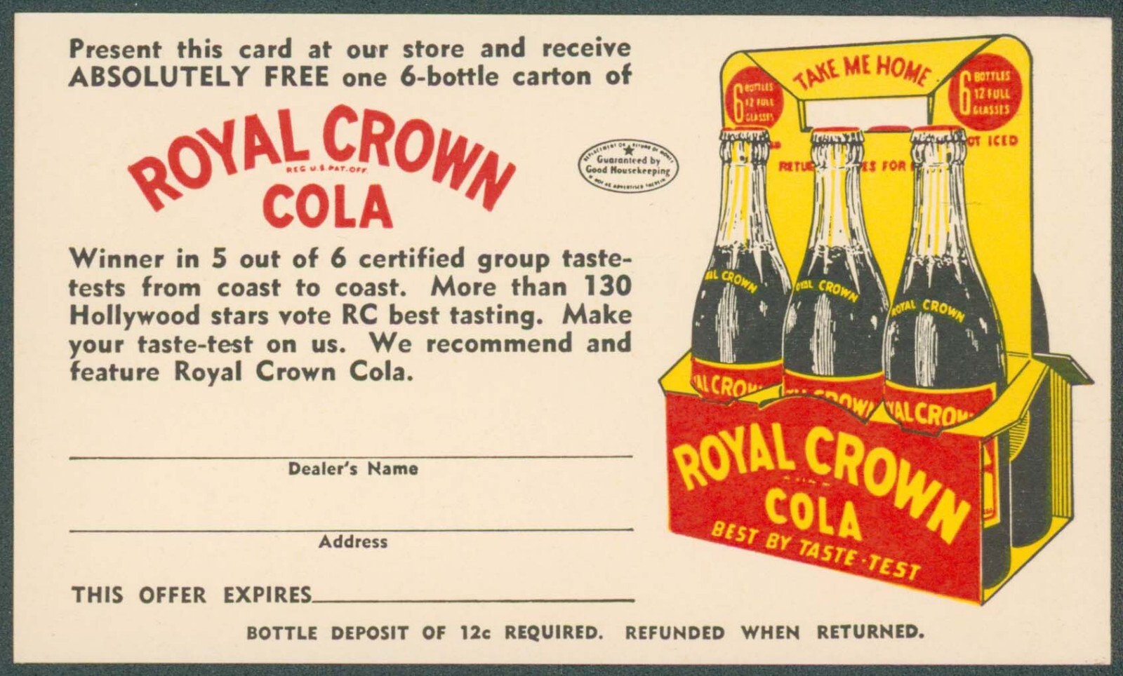 Vintage coupon ROYAL CROWN COLA #1 early pyramid bottle 6 pack penny postcard