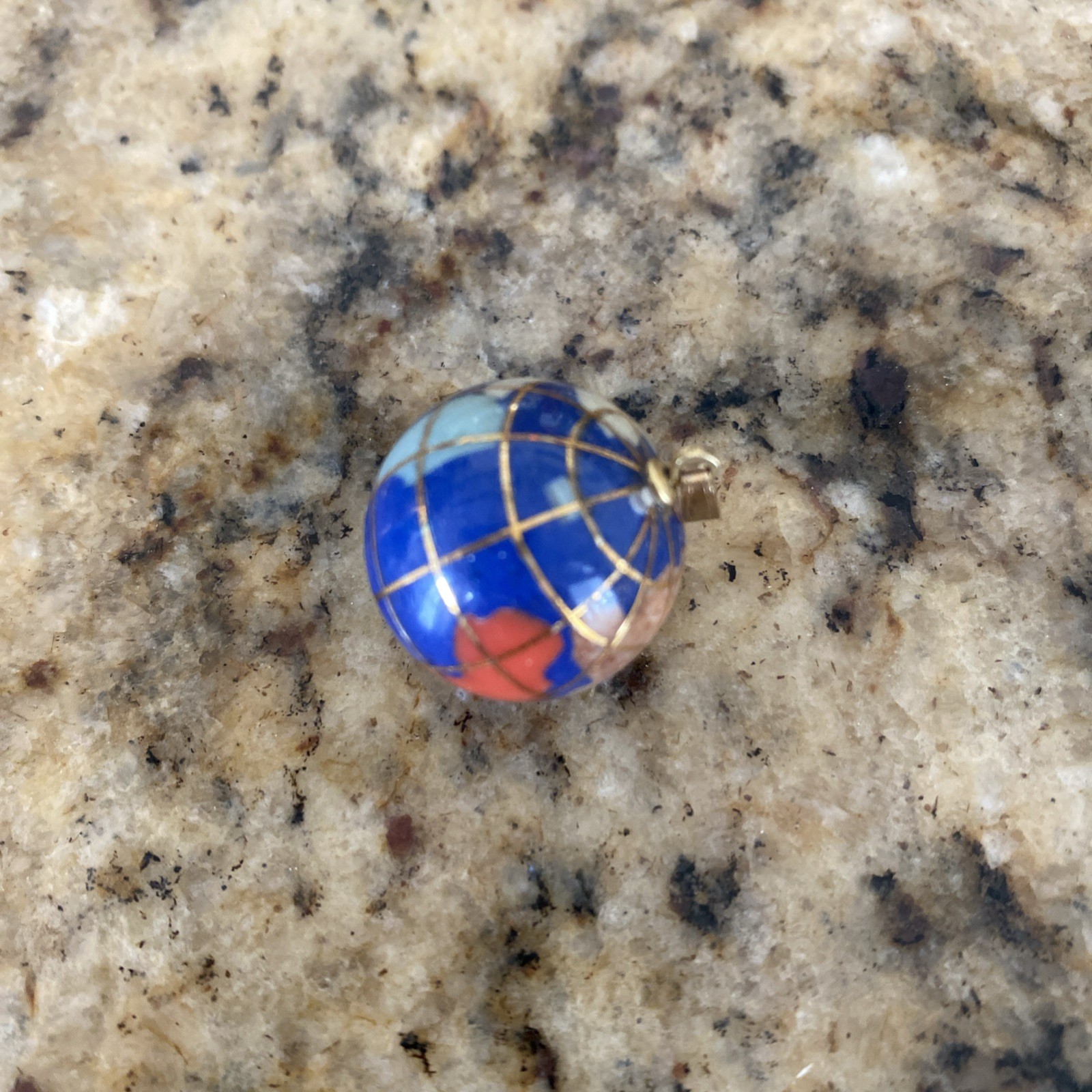 Vintage Yellow Gold Plated & Blue Enamel Globe Earth Dangle Charm Or Pendant