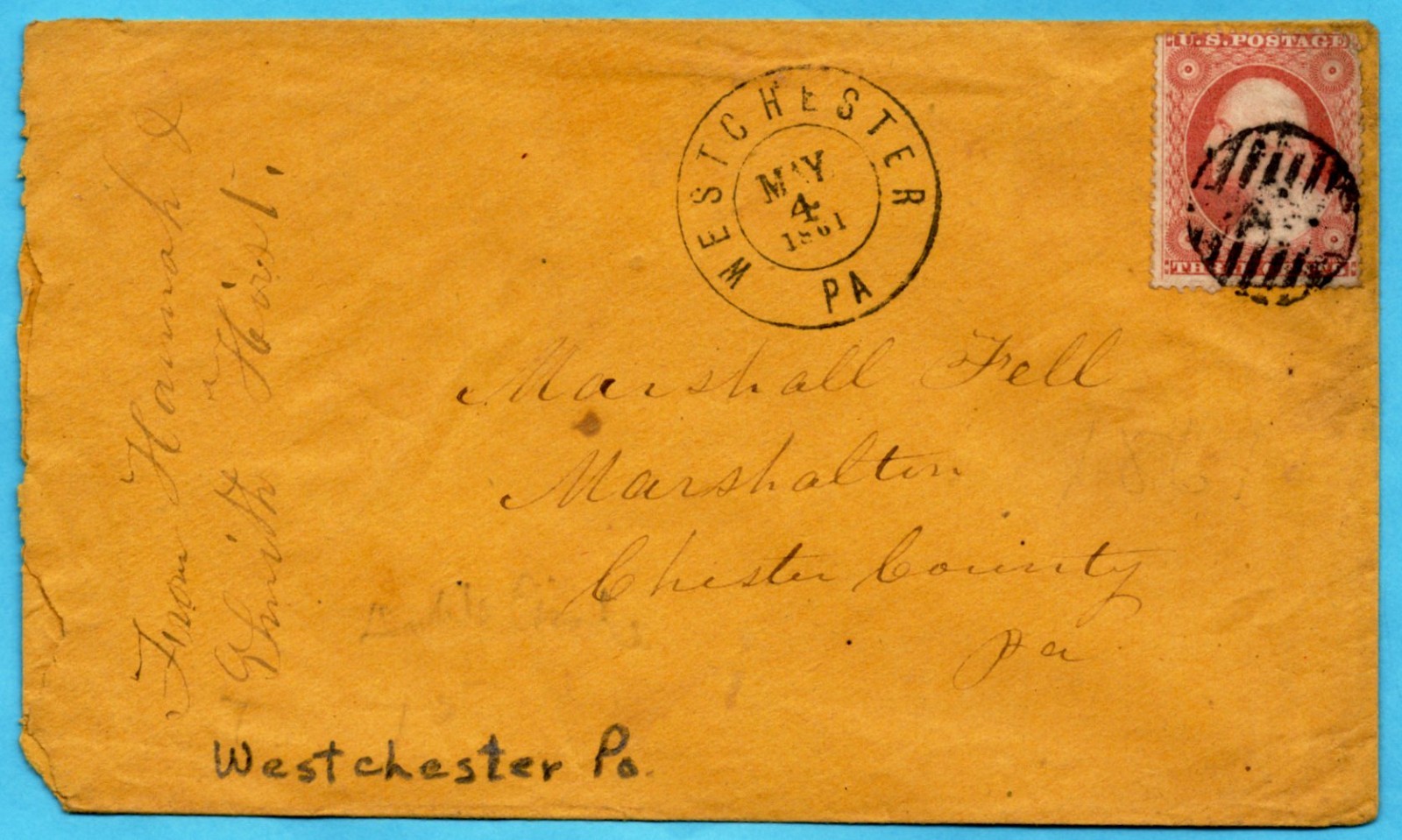 U.S. Scott : 26 w/  West Chester, Pa.     cancel. dated 1861    /     MB-588