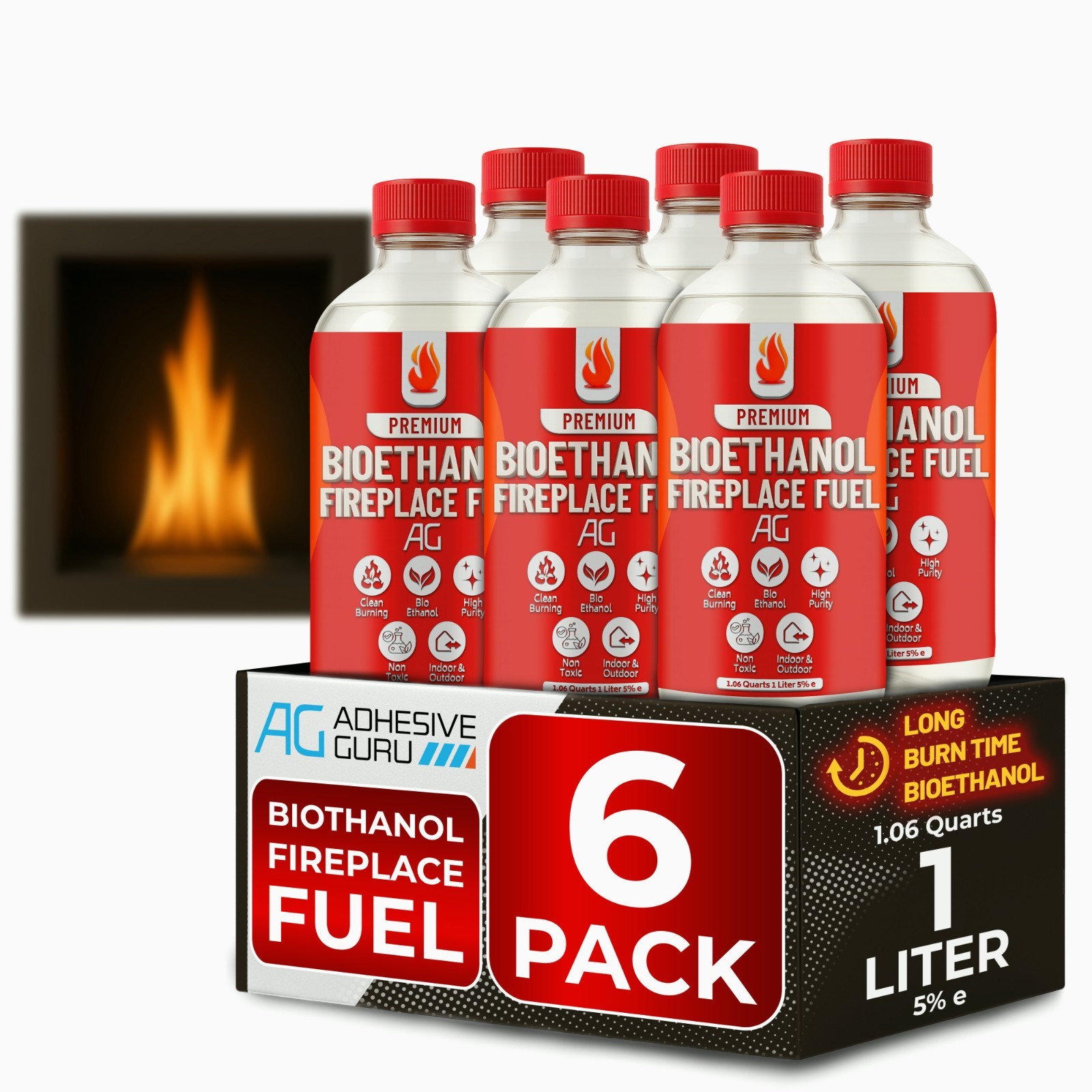 Premium Bio Ethanol Fireplace Fuel (6X 1 L) For Tabletop Fires, Stoves,Versatile