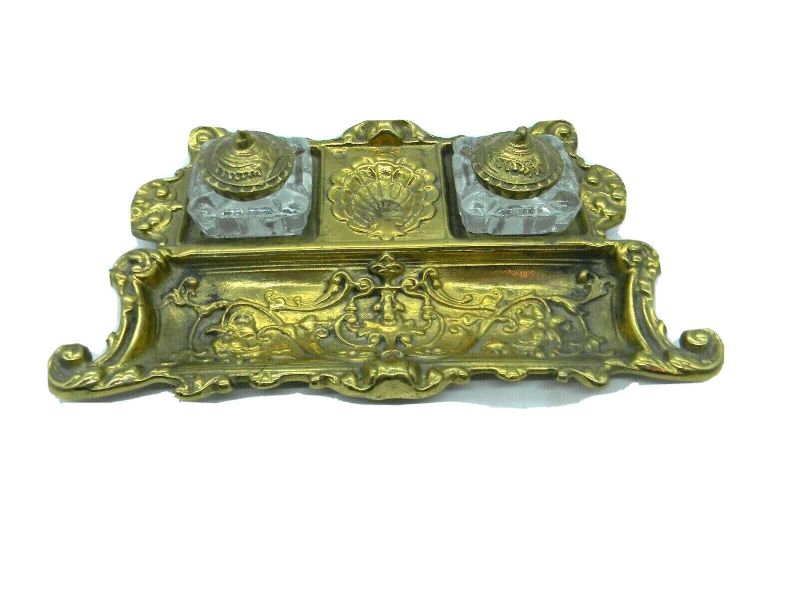 Antique Victorian Brass Desk Inkwell Pen rest Double Glass wells