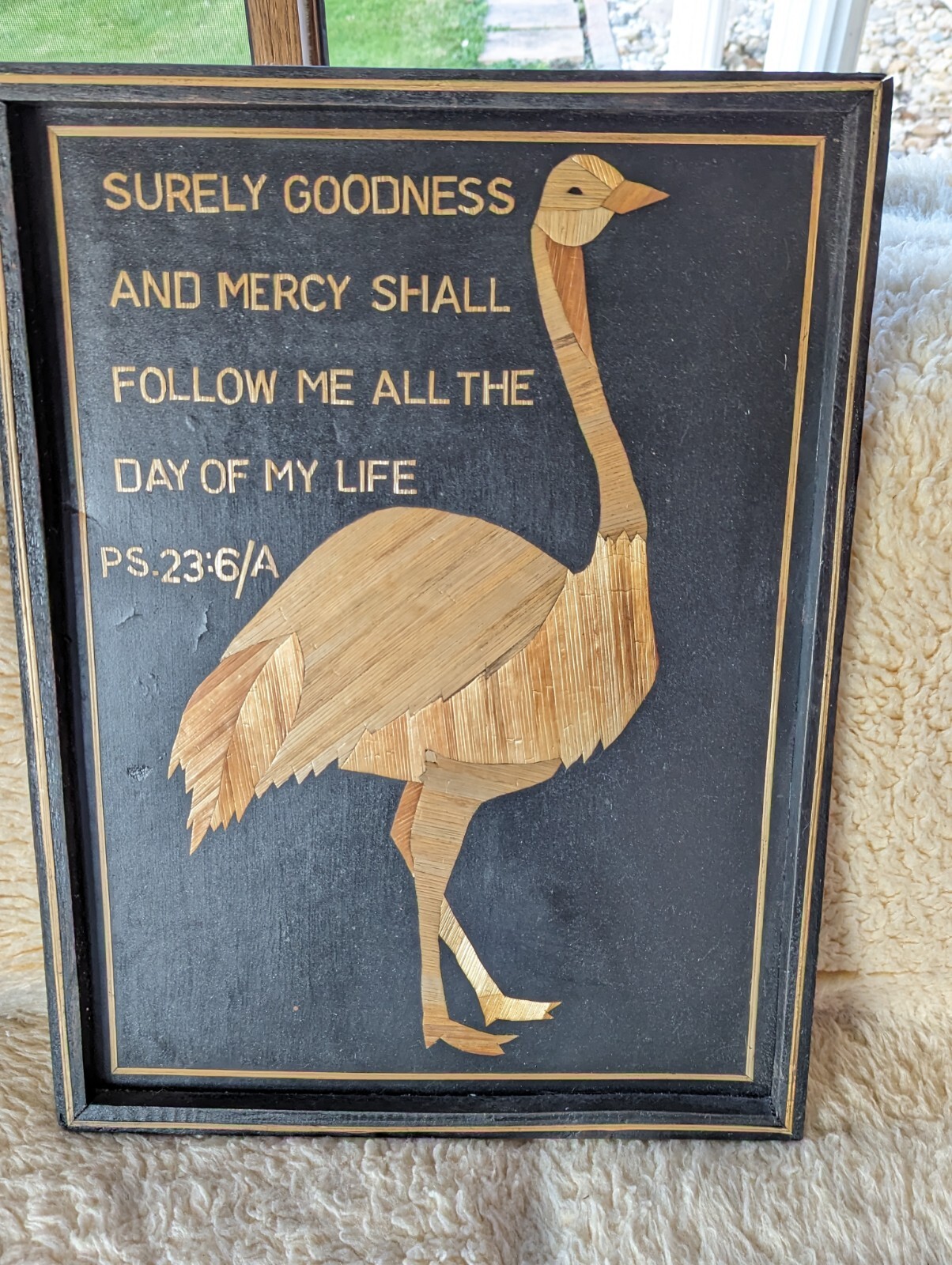 Handmade African Banana Tree Art Ostrich Christian Wall Decor Psalm 23:6 Vintage