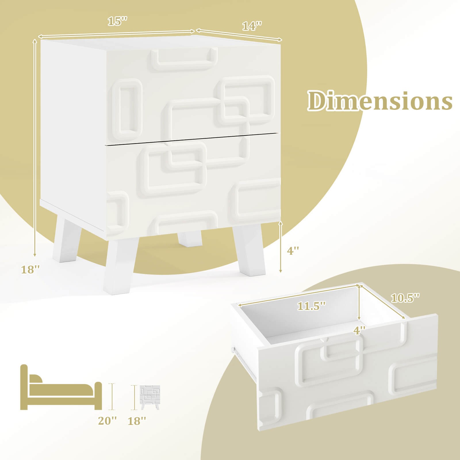 2PCS Mid Century Modern Bedside Table w/2 Storage Drawers 3D Geometric Patterns