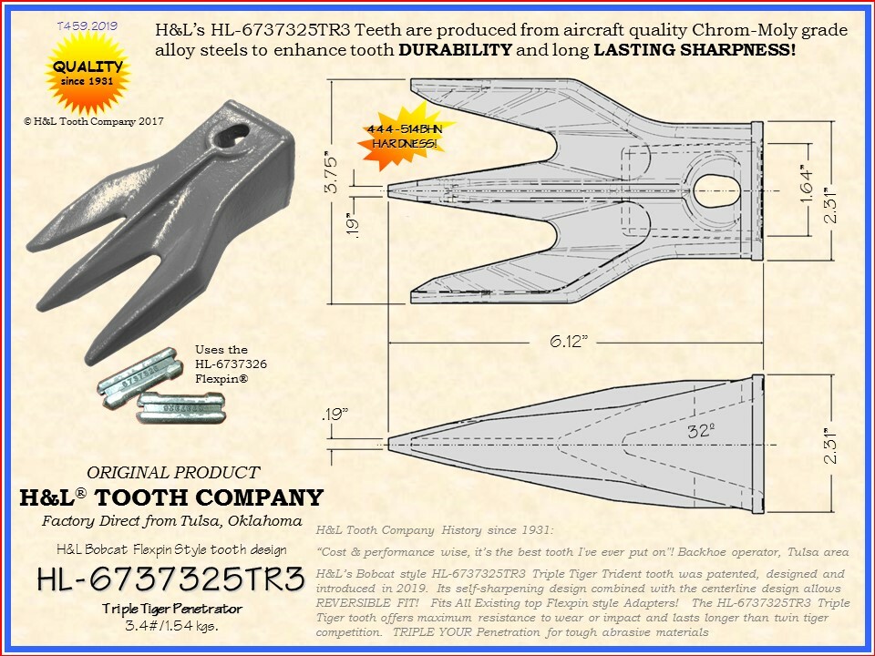 6737325 TR3 Triple Tiger Trident Bobcat Style Bucket Teeth (5 Pack) by H&L Tooth
